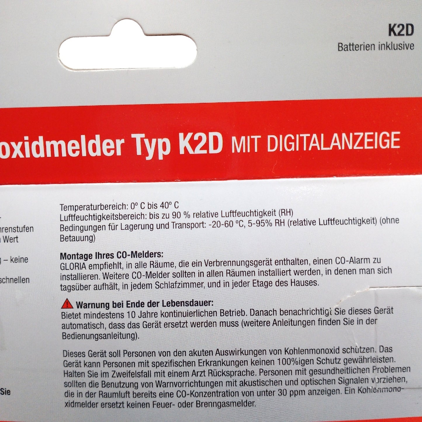 Gloria Kohlenmonoxidmelder Sicherheitstechnik K2D Batterielaufzeit Langzeit