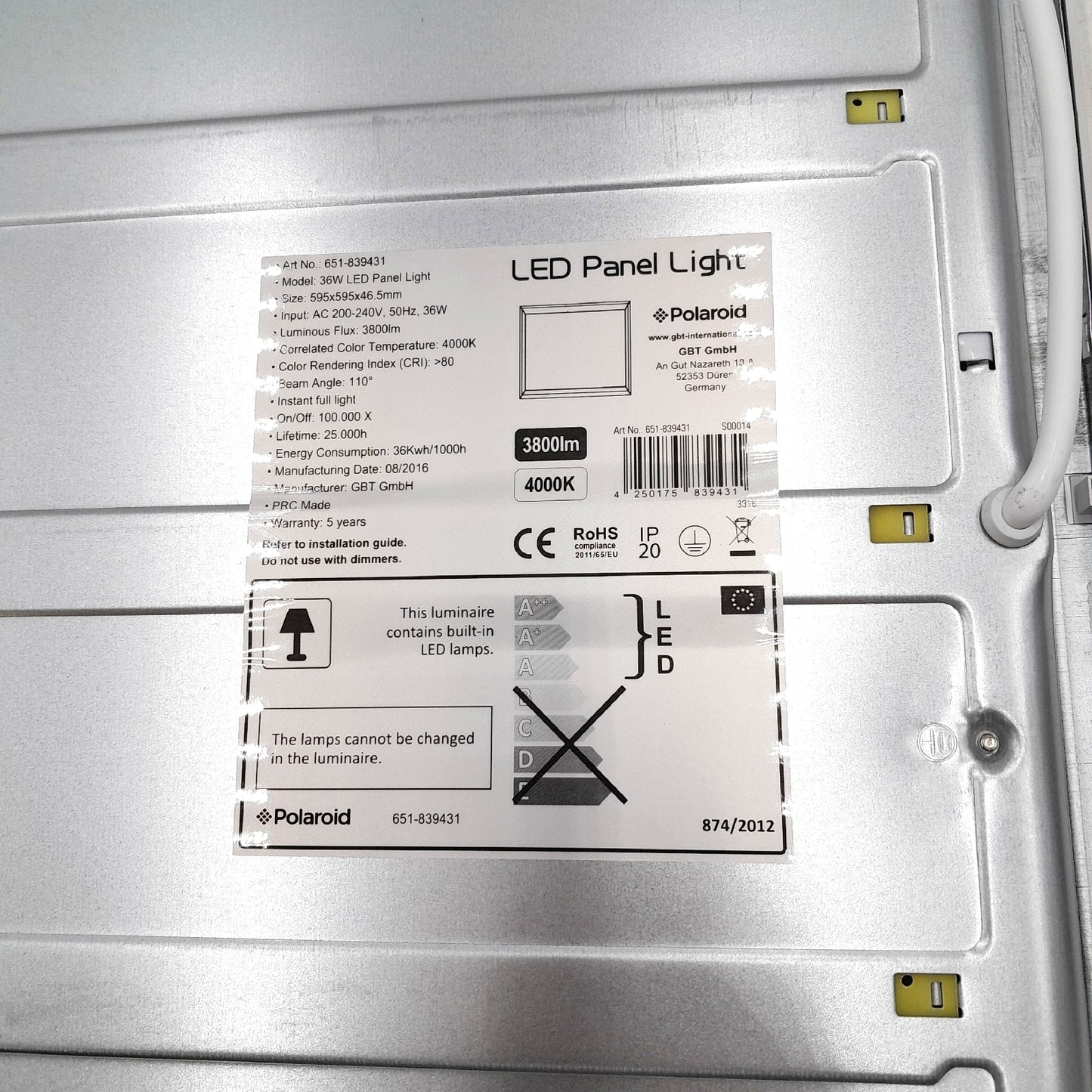 Polaroid LED Panel Beleuchtung Lichtquelle 36 Watt 595 x 595 x 465