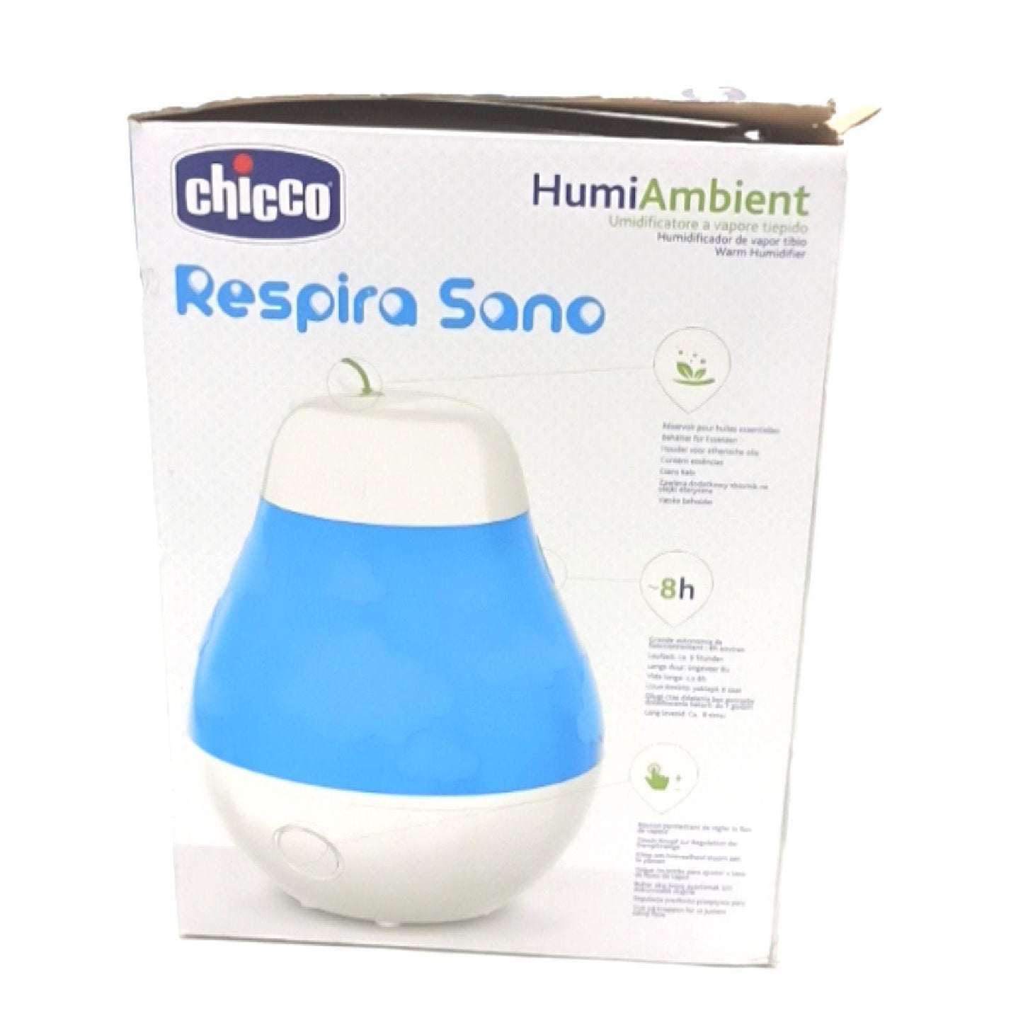 Chicco Humi Ambient, Raumbefeuchter, Dampf, kombinierte Warm-/Kalt-Technologie, Touch-Taste zur Dampfregulierung, mit Behälter für Essenzen, Betriebsdauer 7 Stunden
