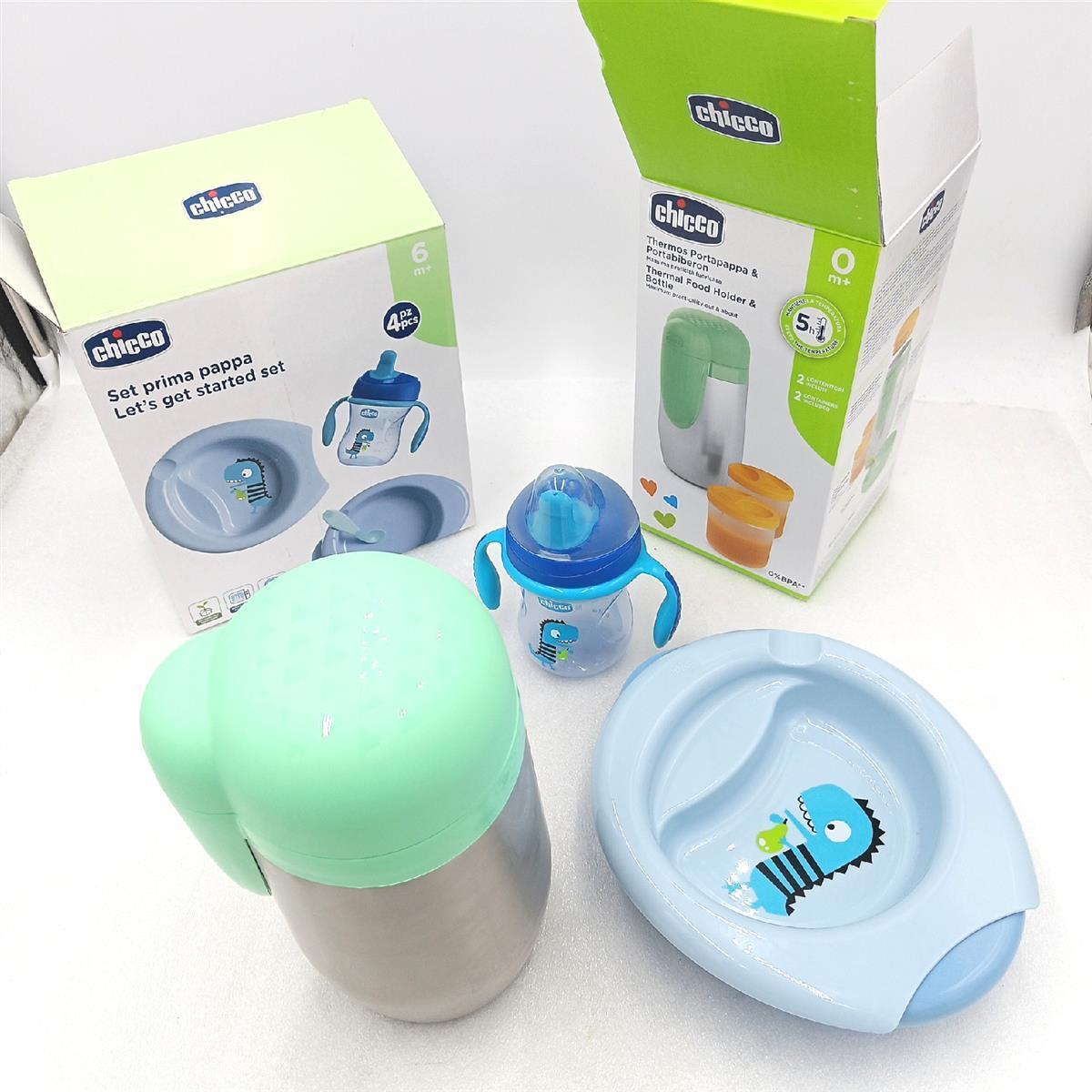 Chicco Baby Geschirr Set, Baby Geschirrset für Essen und Babynahrung, bestehend aus Tasse Training Cup, Erster Löffel, Teller, Babynahrung Teller und thermischer Speisenhalter, 6 M +, Blau