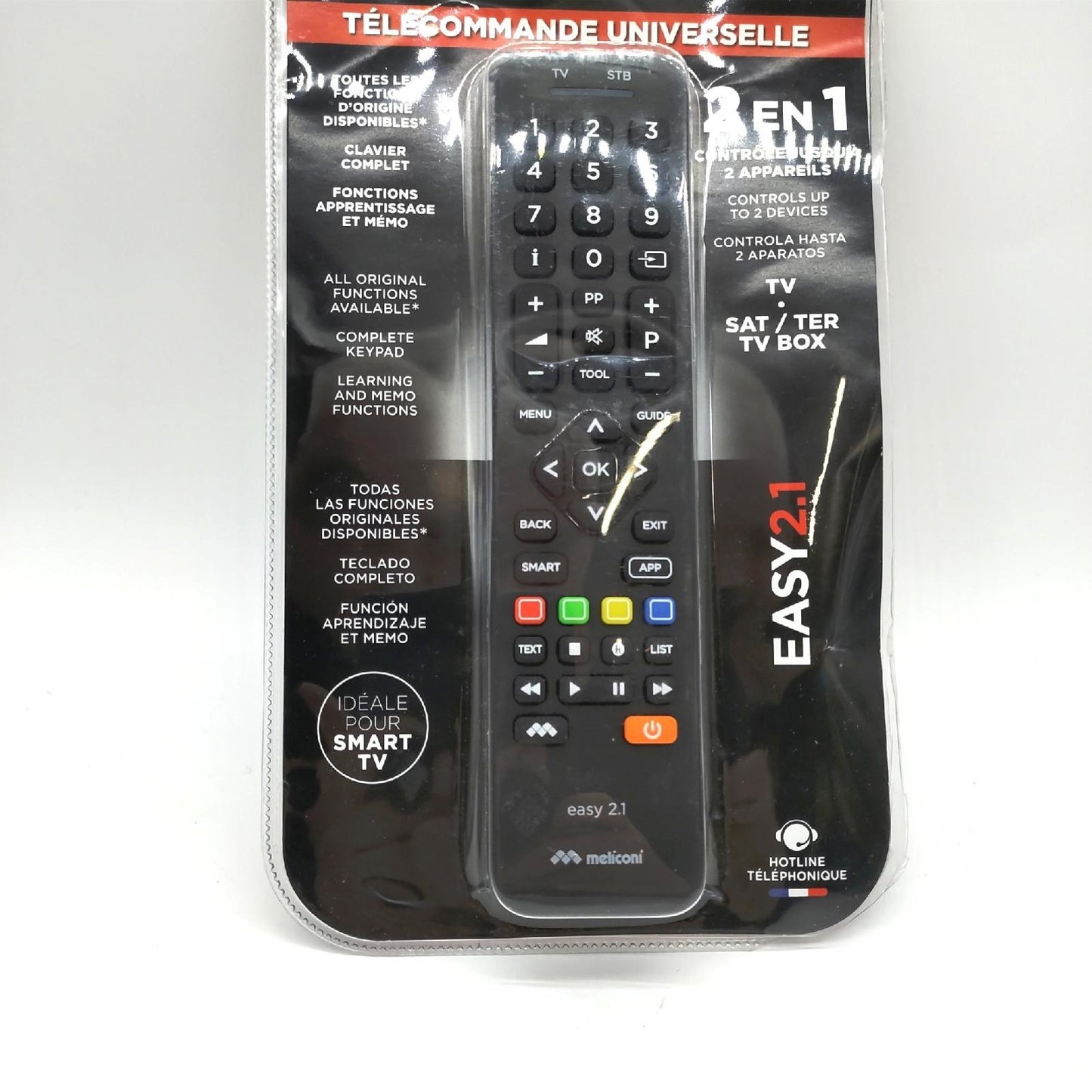 Meliconi Easy 2.1 Universal 2-in-1 Fernbedienung, ersetzt und kombiniert die Fernbedienungen von 1 TV und 1 Decoder, volles Tastenfeld, spezielle Tasten für Smart TV.