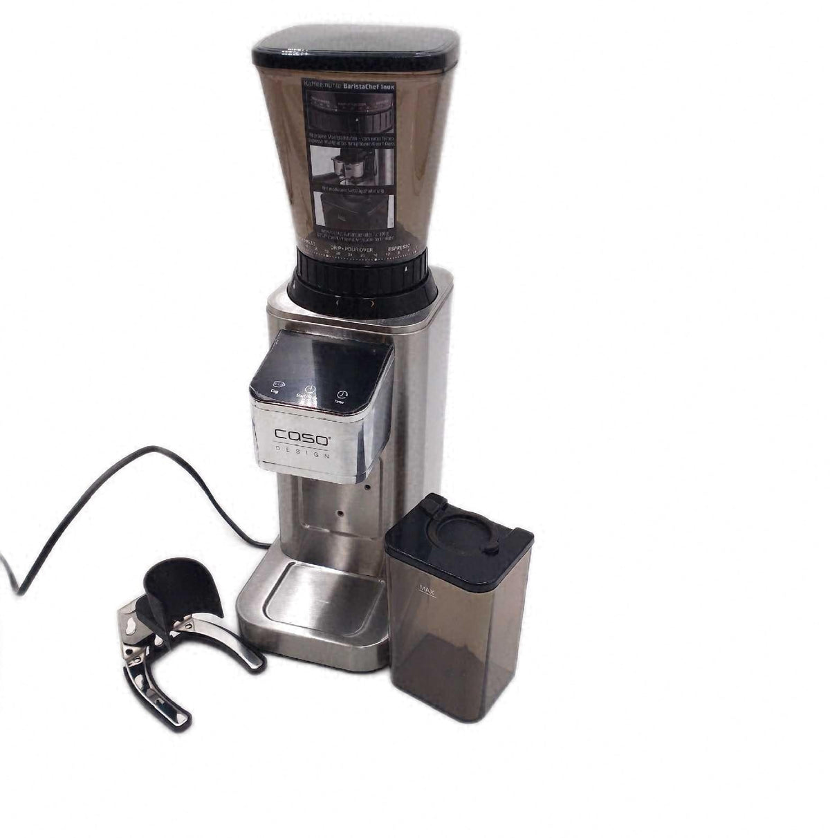 Caso BaristaChef Inox elektrische Kaffeemuehle sehr gut Halterung Siebtraeger abgebrochen