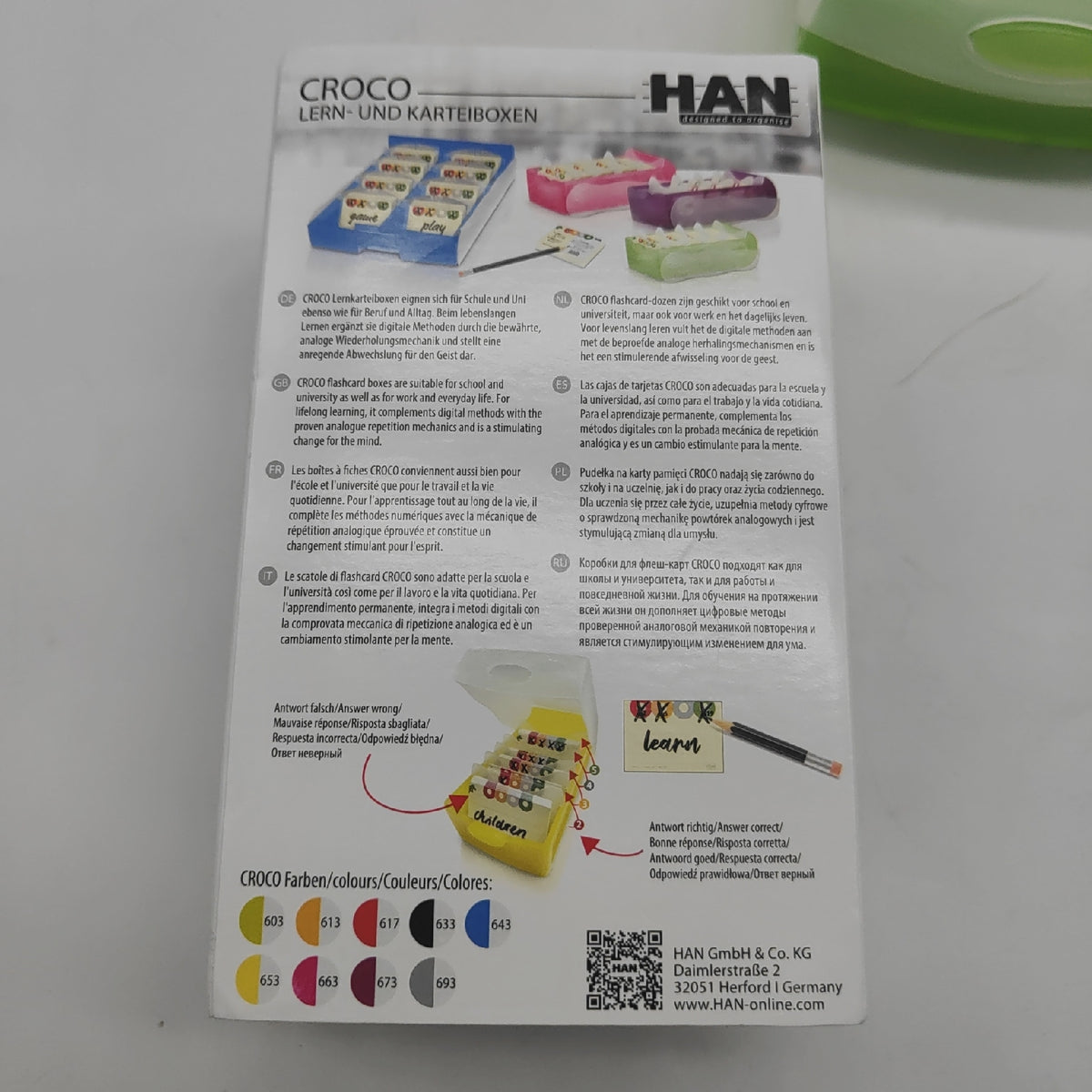 HAN Karteibox CROCO DIN A8 fr 500 Karten incl. 5 Sttzplatten grn-transluzent