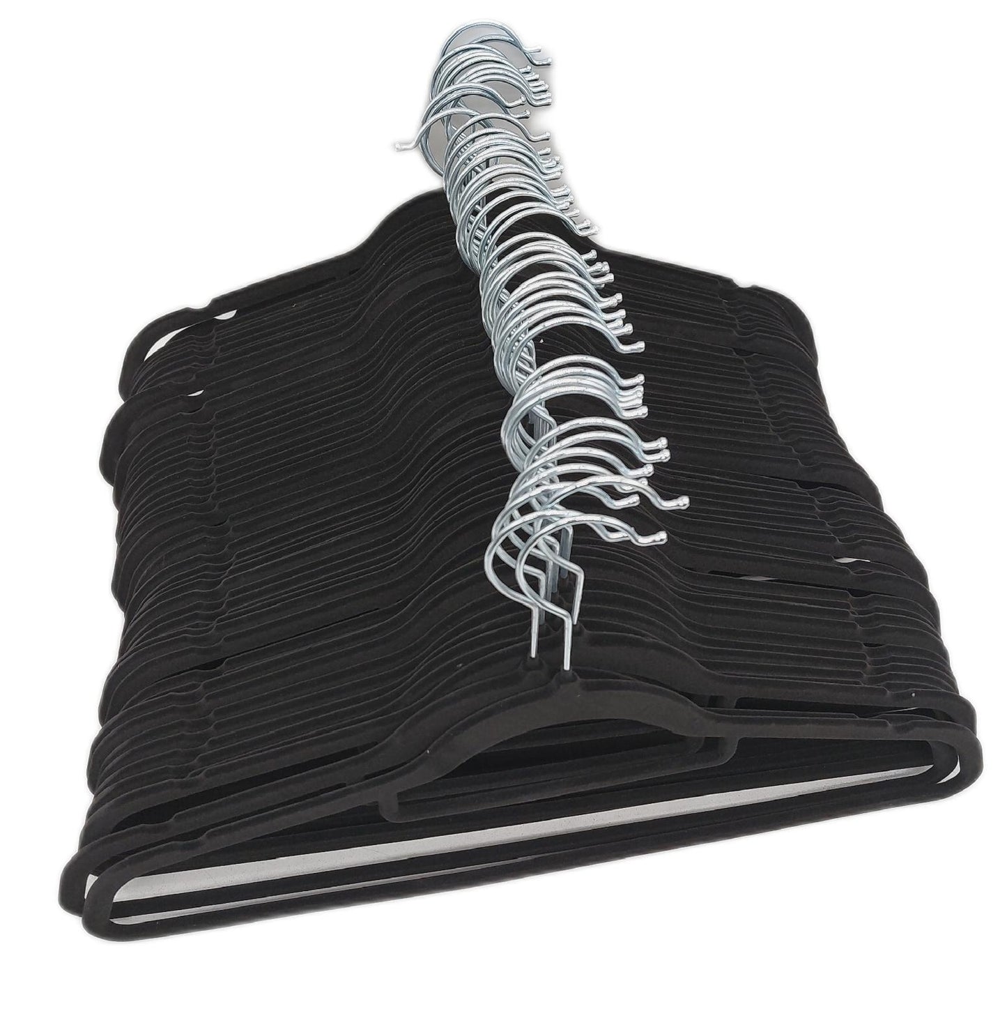 PORTENTUM Velours Kleiderbügel 50er Set Schwarz. Zubehörhalter Haken