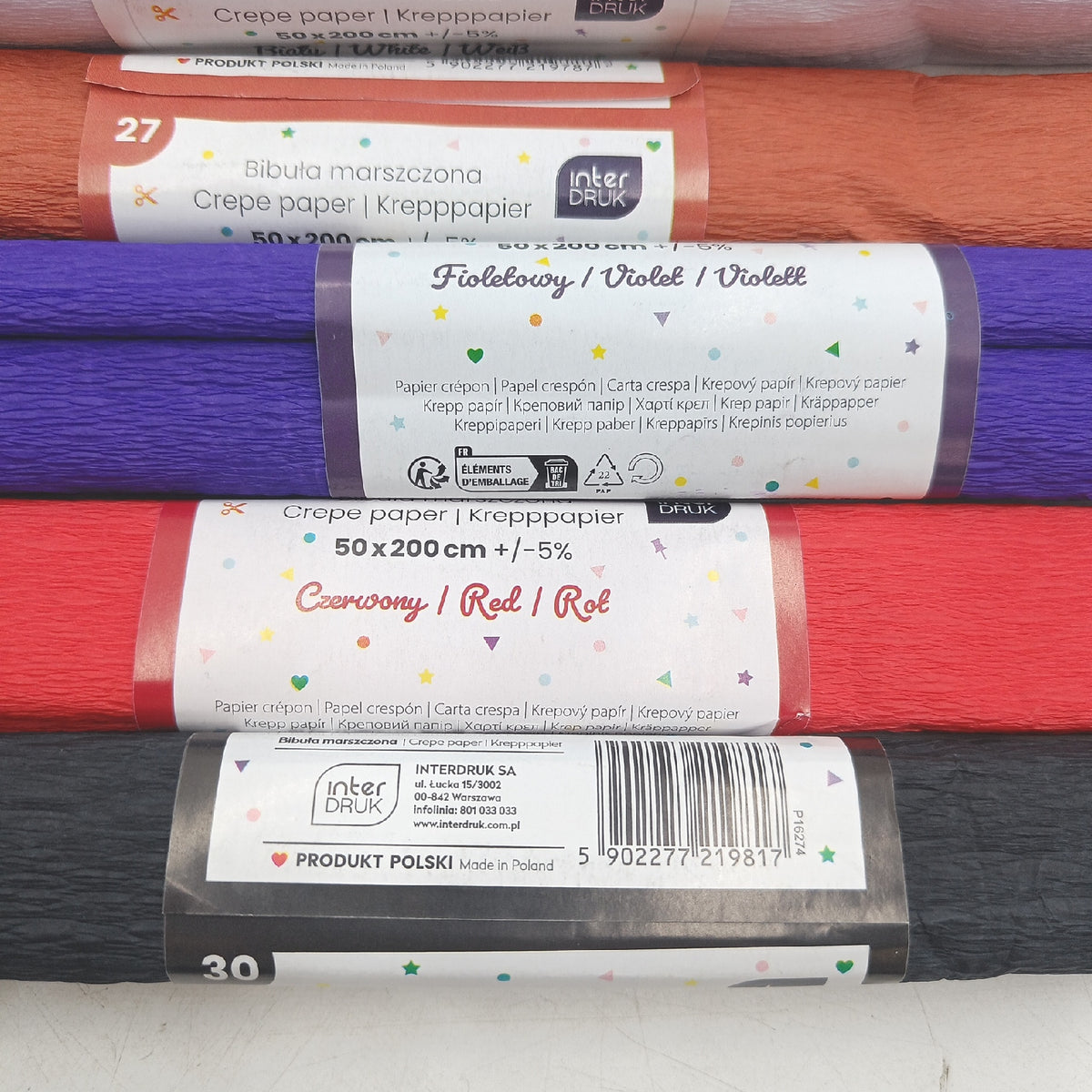 Interdruk - Crepe Paper Rolls for Kids, DIY and Decorations - Pack of 10 Reels (50cm x 200cm, 28g/m2) - 10 Colours Assorted, 00 Sortierte Farben