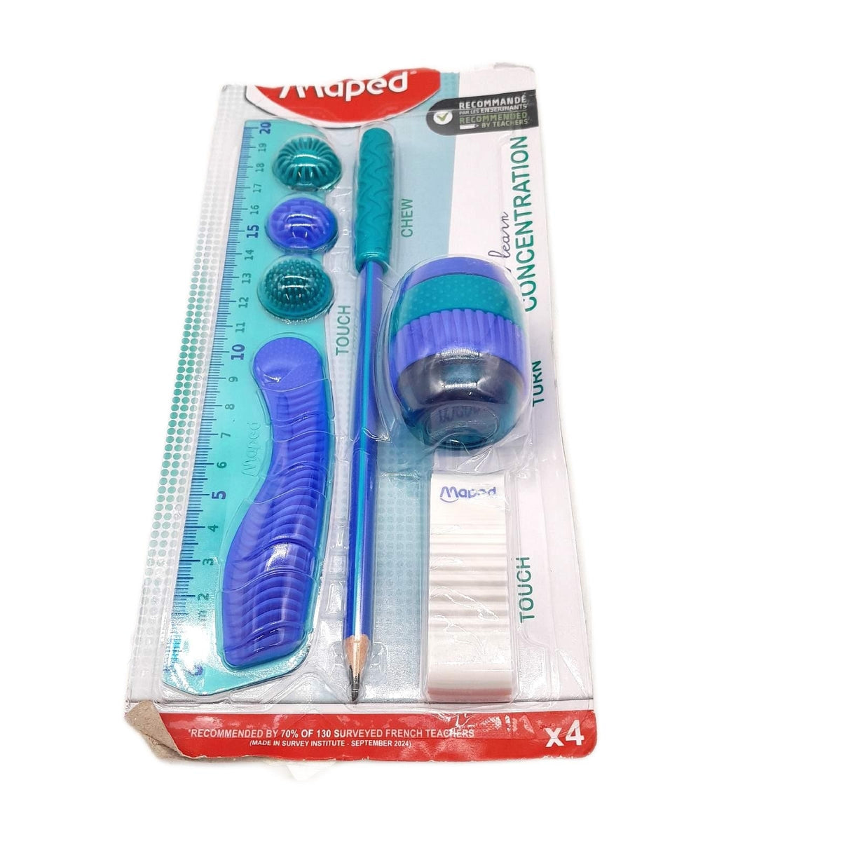 Maped Schulset Kidy Learn Concentration 4 Teile Lineal Anspitzer Radiergummi