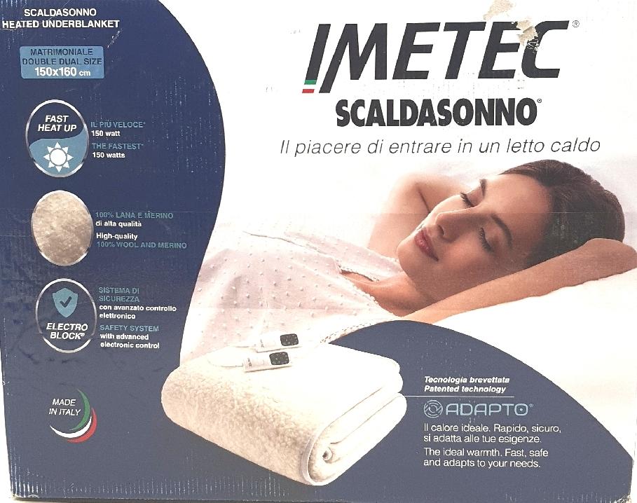 Imetec Scaldasonno Adapto Wärmeunterbett für Doppelbett 150x160 cm schnelle Erwärmung personalisierbare Temperatur 100 % Wolle und Merinowolle Made in Italy 2 separate Bedieneinheiten 6 Temp