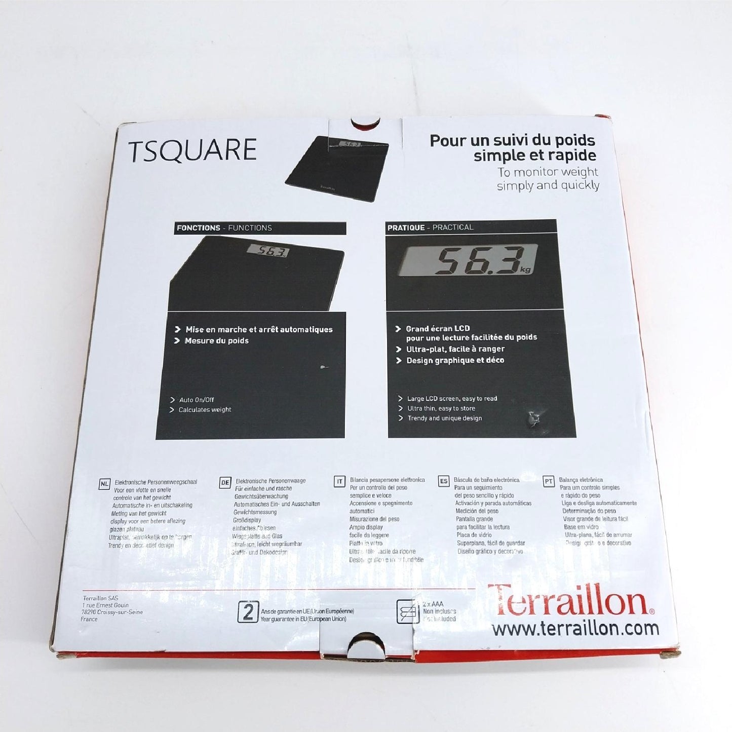 Terraillon Personenwaage TSQUARE SCHWARZ Kompakt ultraflach Plattform 26cm x 26cm Starke