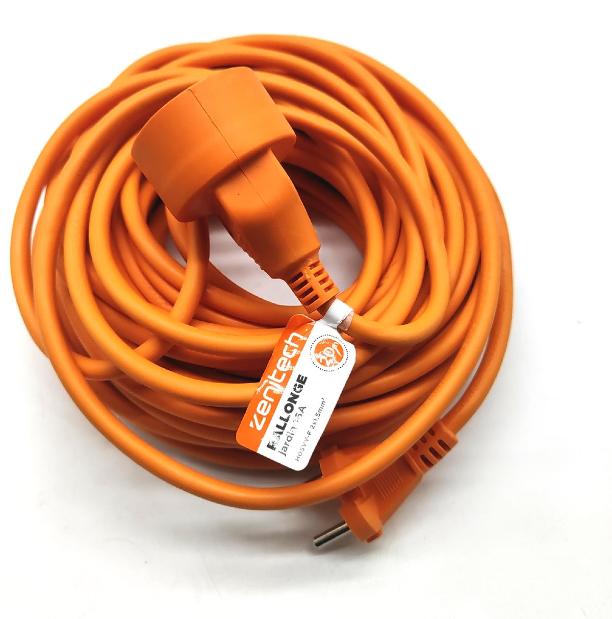 Zenitech - Verlängerungskabel 16A HO5VV-F 2x1,5mm² 3680W / 230V - Perfekt für Rasenmäher & Grills - Widerstandsfähig gegen Witterungsbedingungen - Entspricht den NF- & CE-Normen - Orange - Länge 20m