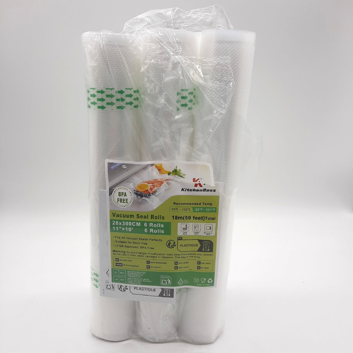 KitchenBoss Vakuumierbeutel 6 Rollen Vakuumierfolie?28x300cm Profi-Folienrollen für Vakuumiergerät & Sous Vide, Vakuumbeutel für Lebensmittel Reißfest und Kochfest