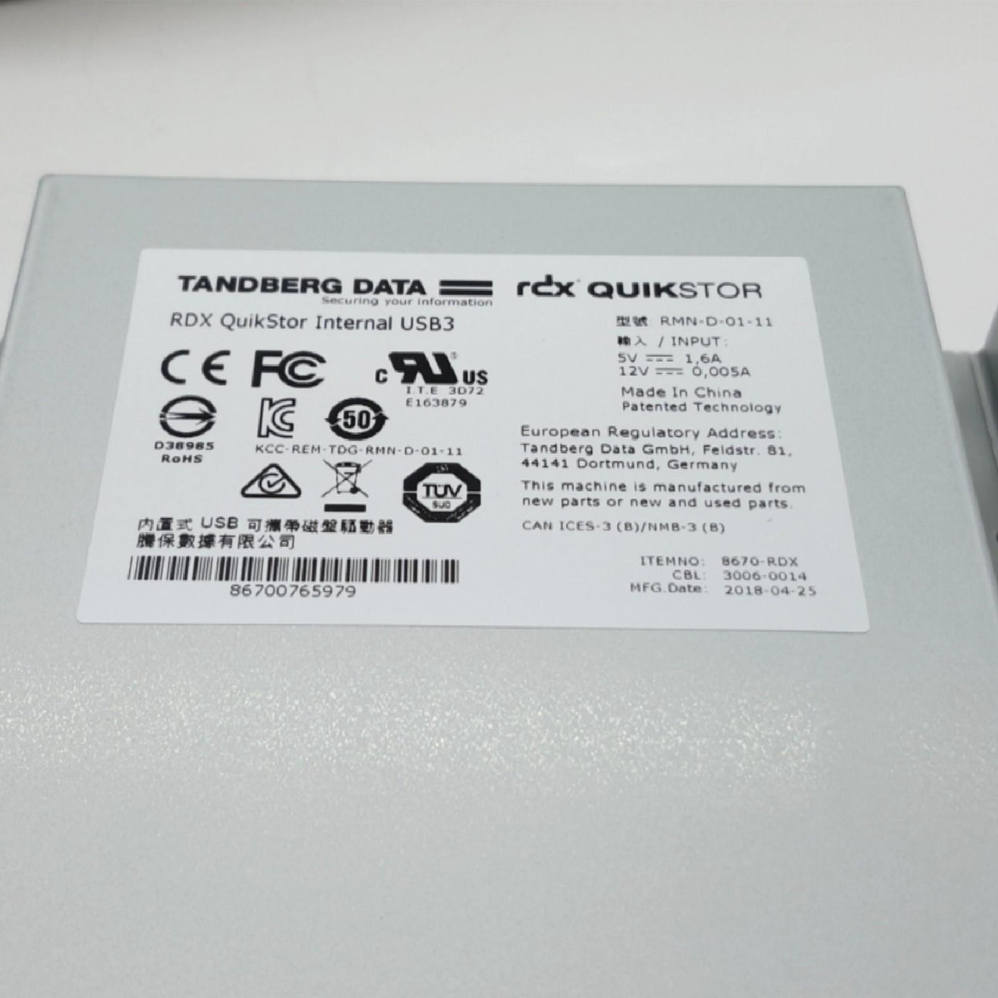 Tandberg Laufwerk Backup Speicherlösung RDX USB 3 0 internes schwarz Hochleistungs Speicher