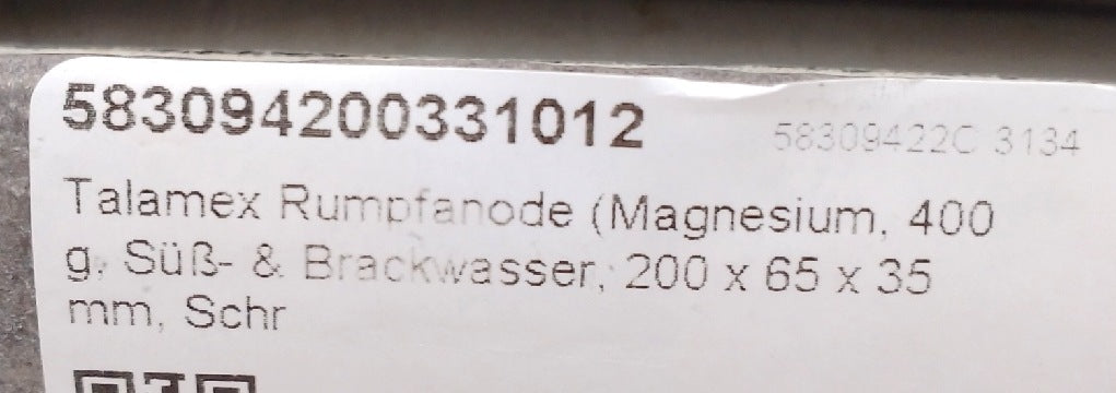 Talamex Rumpfanode (Magnesium, 400 g, Süß- & Brackwasser, 200 x 65 x 35 mm, Schr