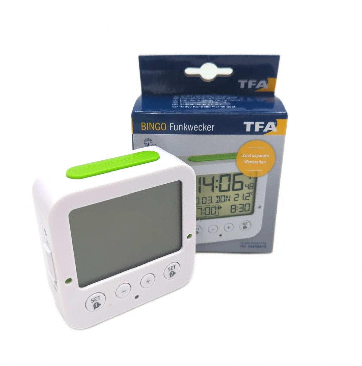 TFA Bingo Funkwecker 60252802 automatisch Hintergrundbeleuchtung Datum Uhrzeit Wecker