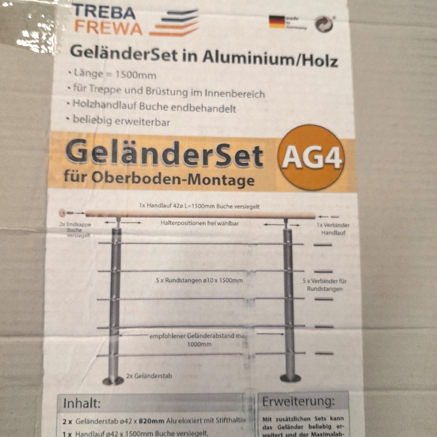 Treba Geländerset Gartenzubehör Frewa AG4 Oberbodenmontage Aluminium Silber 150