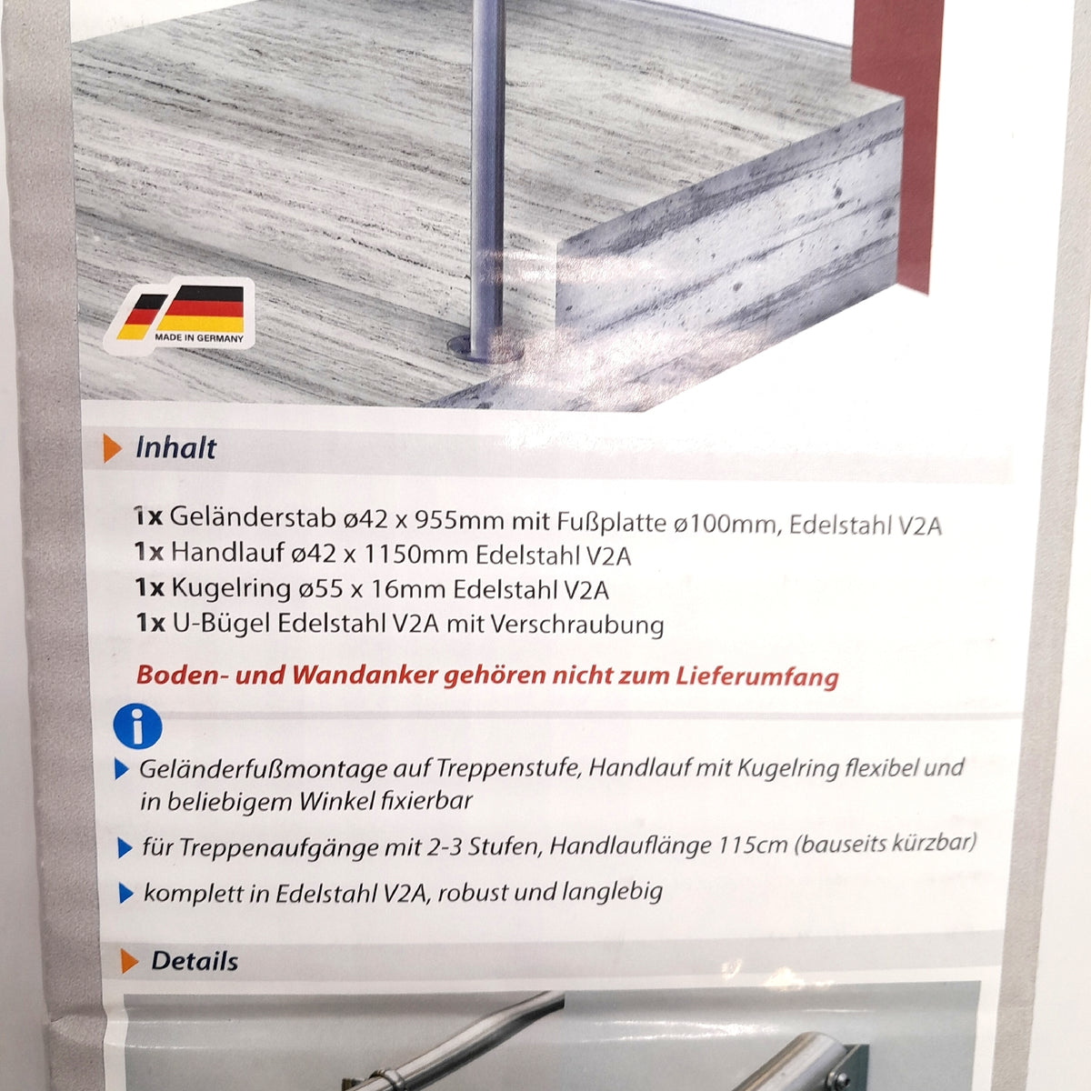 Treba Geländer Set Treppe Edelstahl V2A Oberbodenmontage Länge 1150 mm
