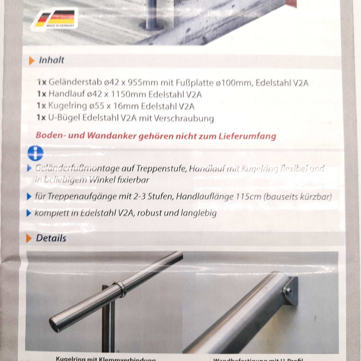 Treba Geländer Set Treppe Edelstahl V2A Oberbodenmontage Länge 1150 mm