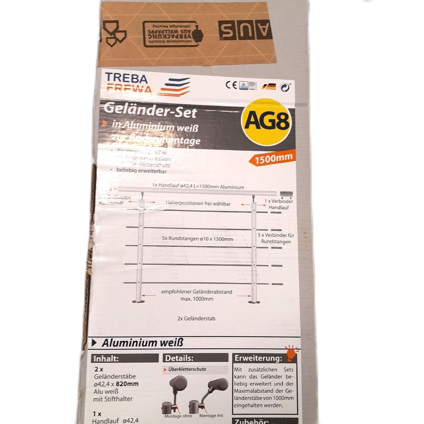 Treba Geländerset Garten und Terrasse Frewa AG8 Aluminium Weiß Länge 1500 mm stabil