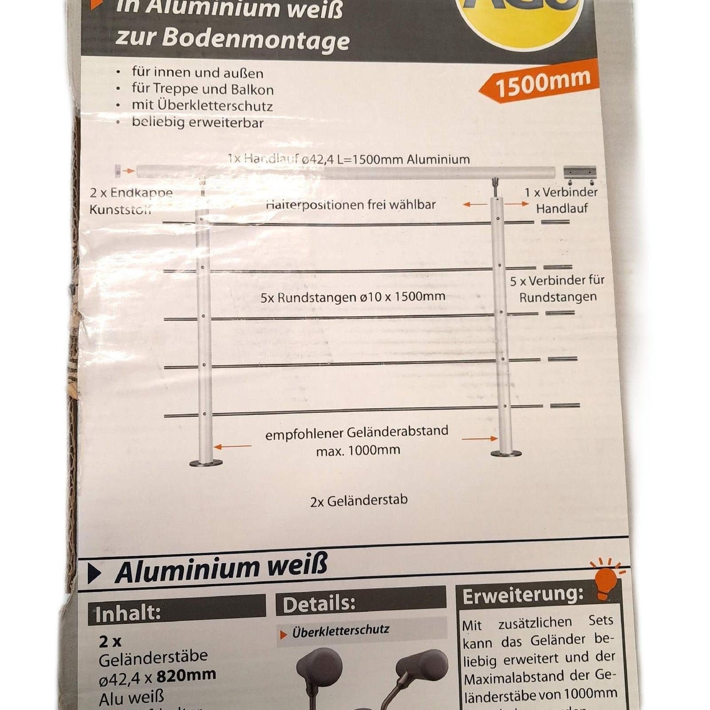 Treba Geländerset Garten und Terrasse Frewa AG8 Aluminium Weiß Länge 1500 mm stabil