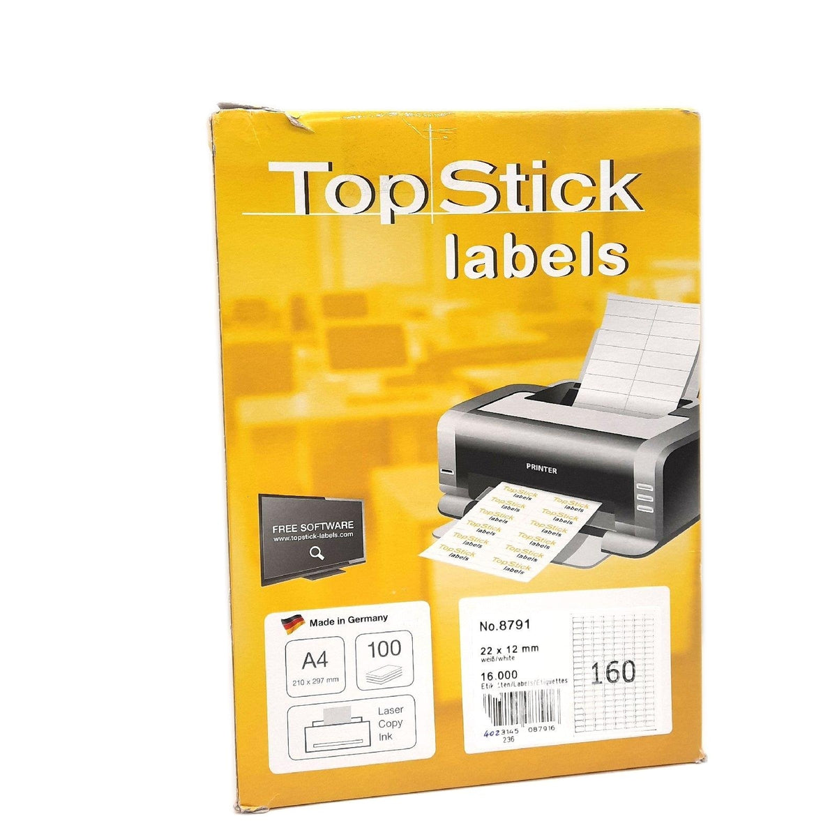 TopStick 8791 Universal Etiketten  100 Blatt  22 x 12 mm  160 pro A4 Bogen  16000 Stück  selbstklebend  bedruckbar  matt  blanko Papier Klebeetiketten Aufkleber  weiß