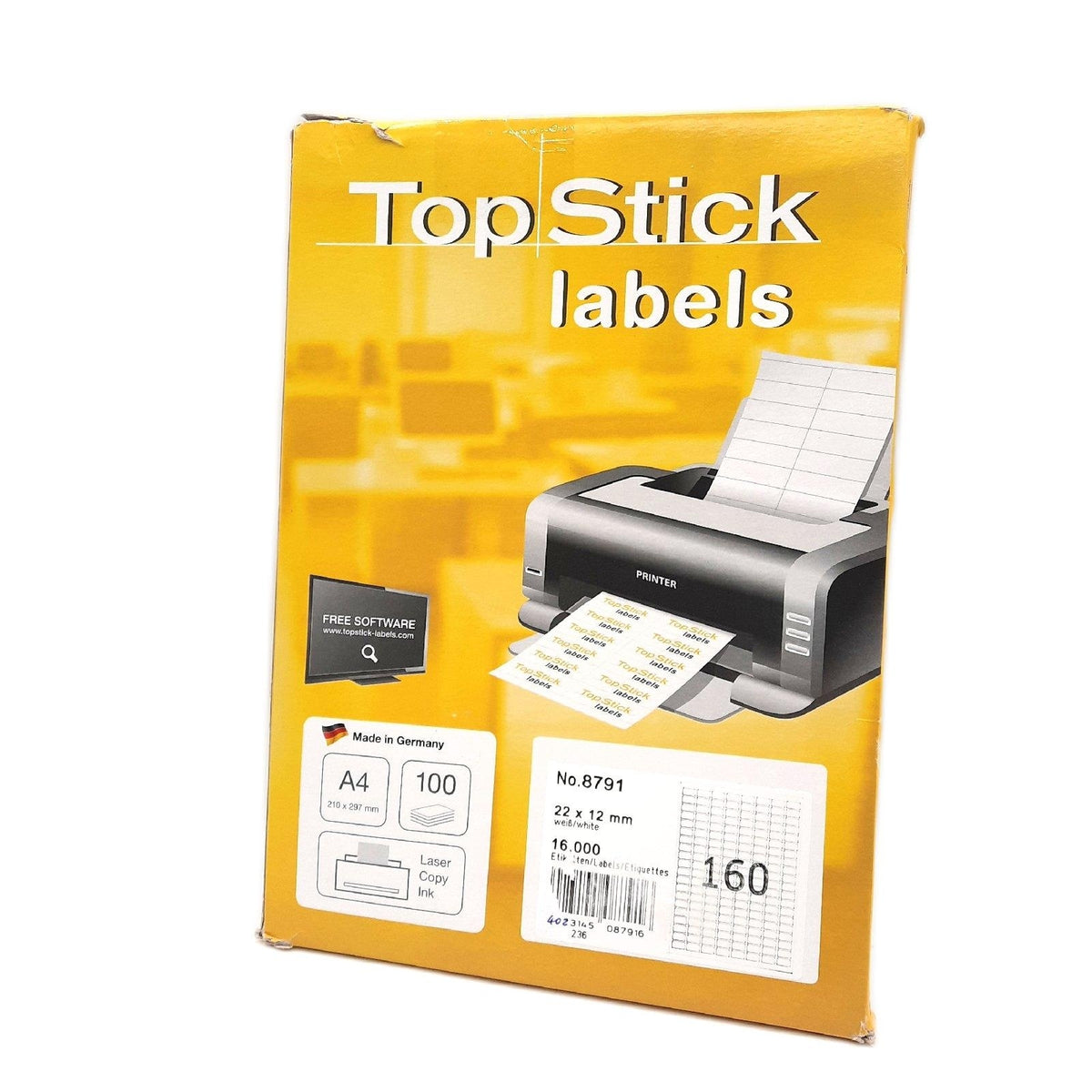 TopStick 8791 Universal Etiketten  100 Blatt  22 x 12 mm  160 pro A4 Bogen  16000 Stück  selbstklebend  bedruckbar  matt  blanko Papier Klebeetiketten Aufkleber  weiß