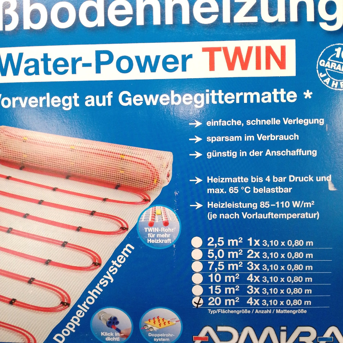 Admiral Fußbodenheizung Water Power 186 x 08 Meter Heizungssystem be Heizbar