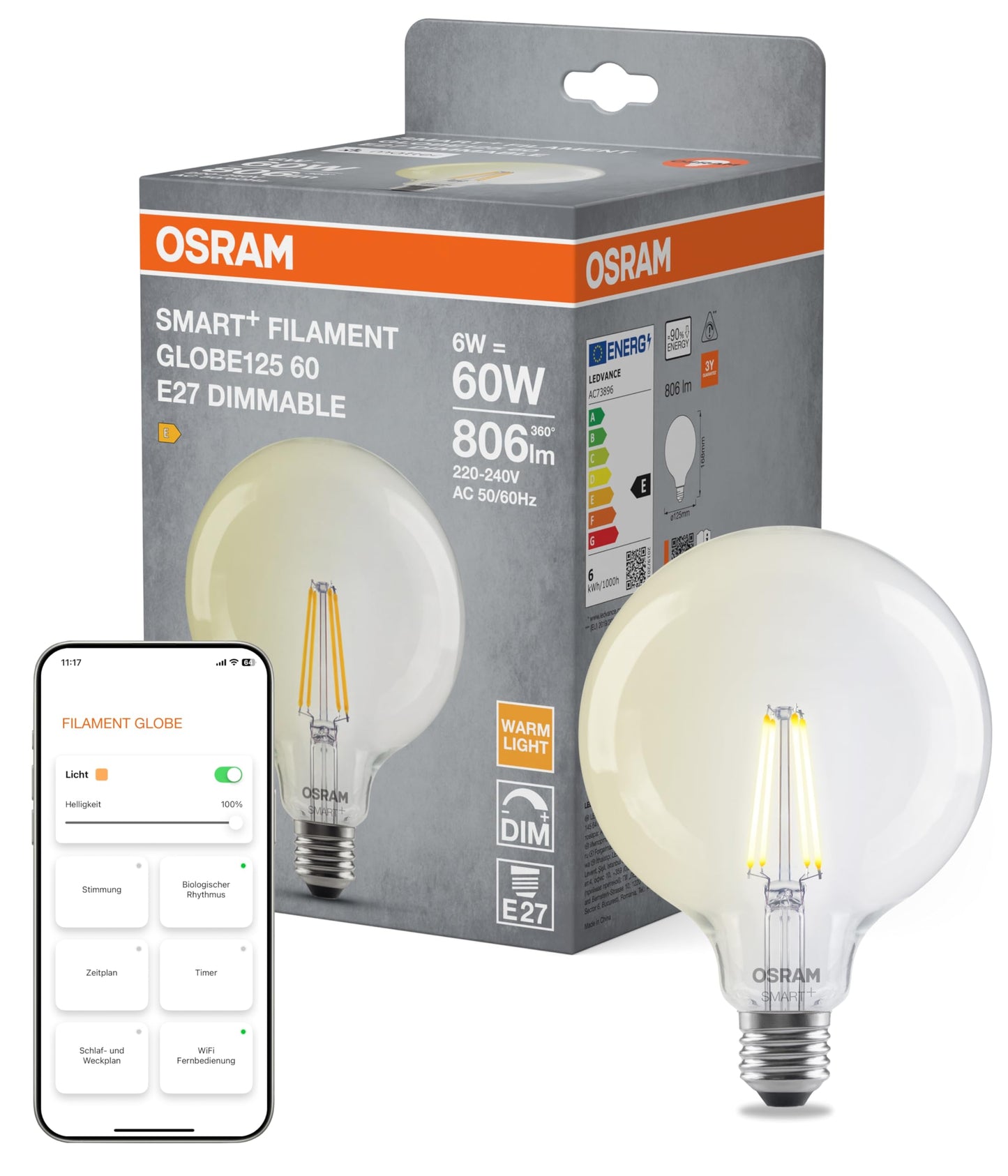 Osram LED Lampe Beleuchtung SMART plus Globe E27 warmweiß dimmbar App Steuerung