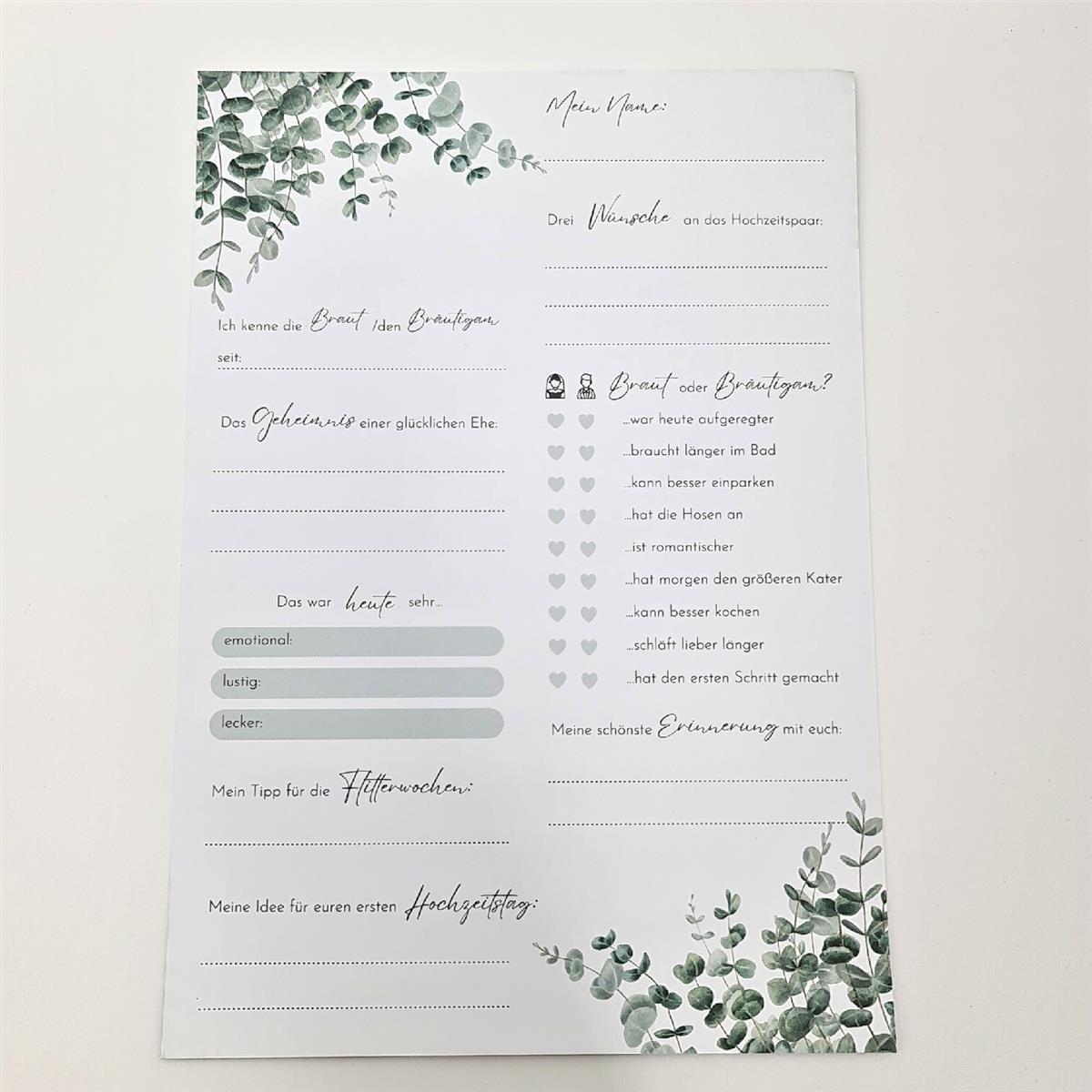 MAVANTO 50x Gästekarten Hochzeit zum Ausfüllen - Wunderschöne Gästebuchkarten als Alternative zum Gästebuch Eukalyptus
