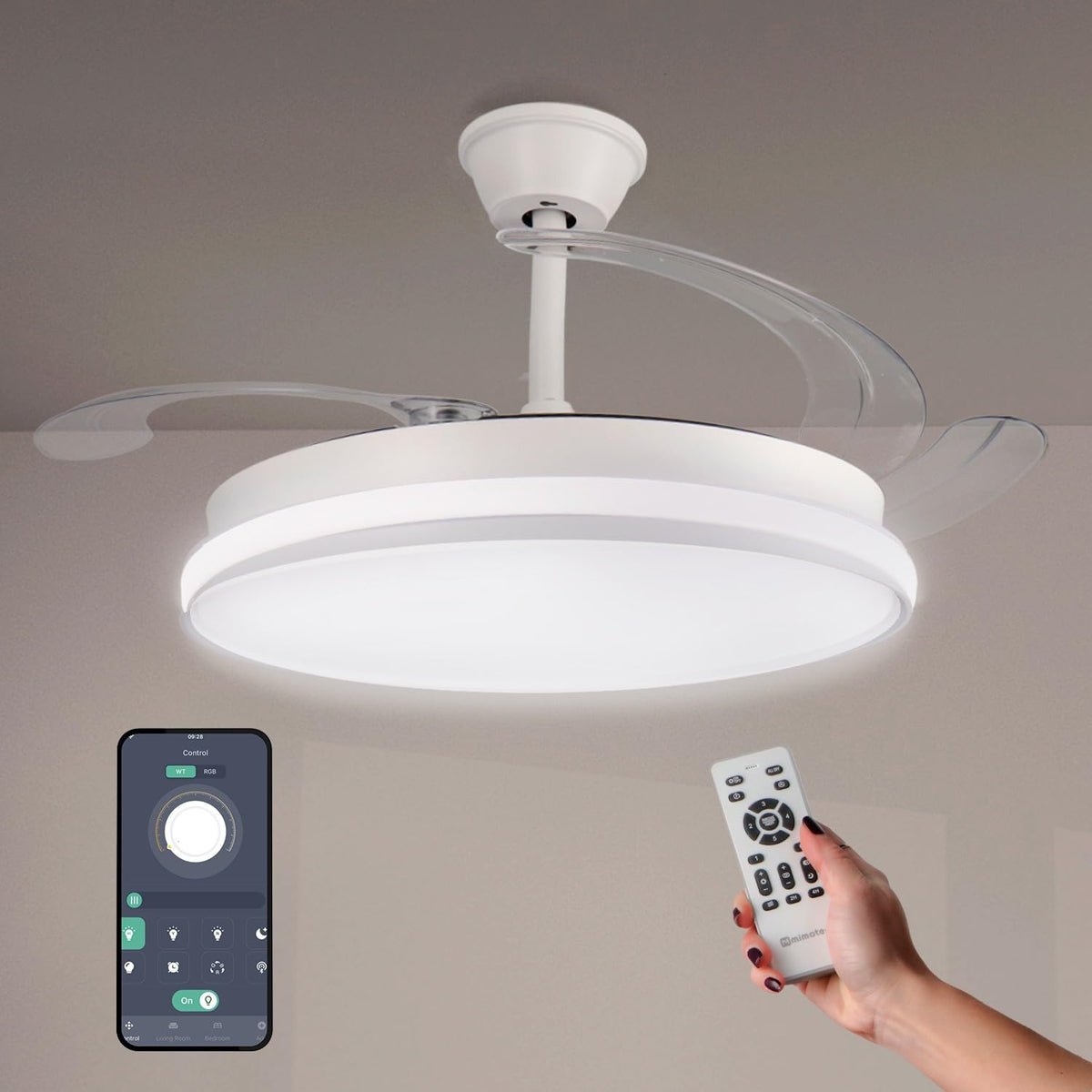 Deckenventilator White Cami mit einziehbaren Flügeln und CCT LED Licht energiesparend modern