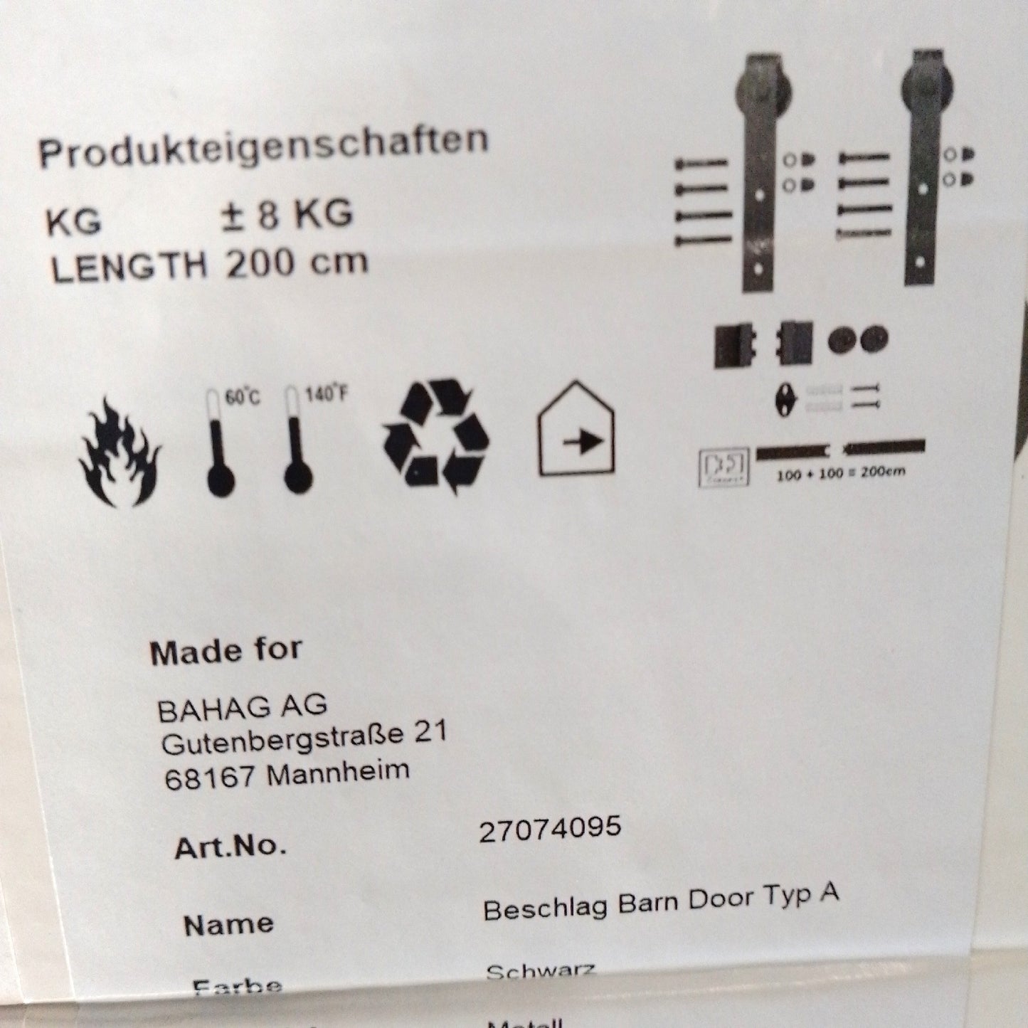 Holzschiebetürbeschlag Barn Door Türbeschläge 200 cm Schwarz Stabilität Holzschiebetür