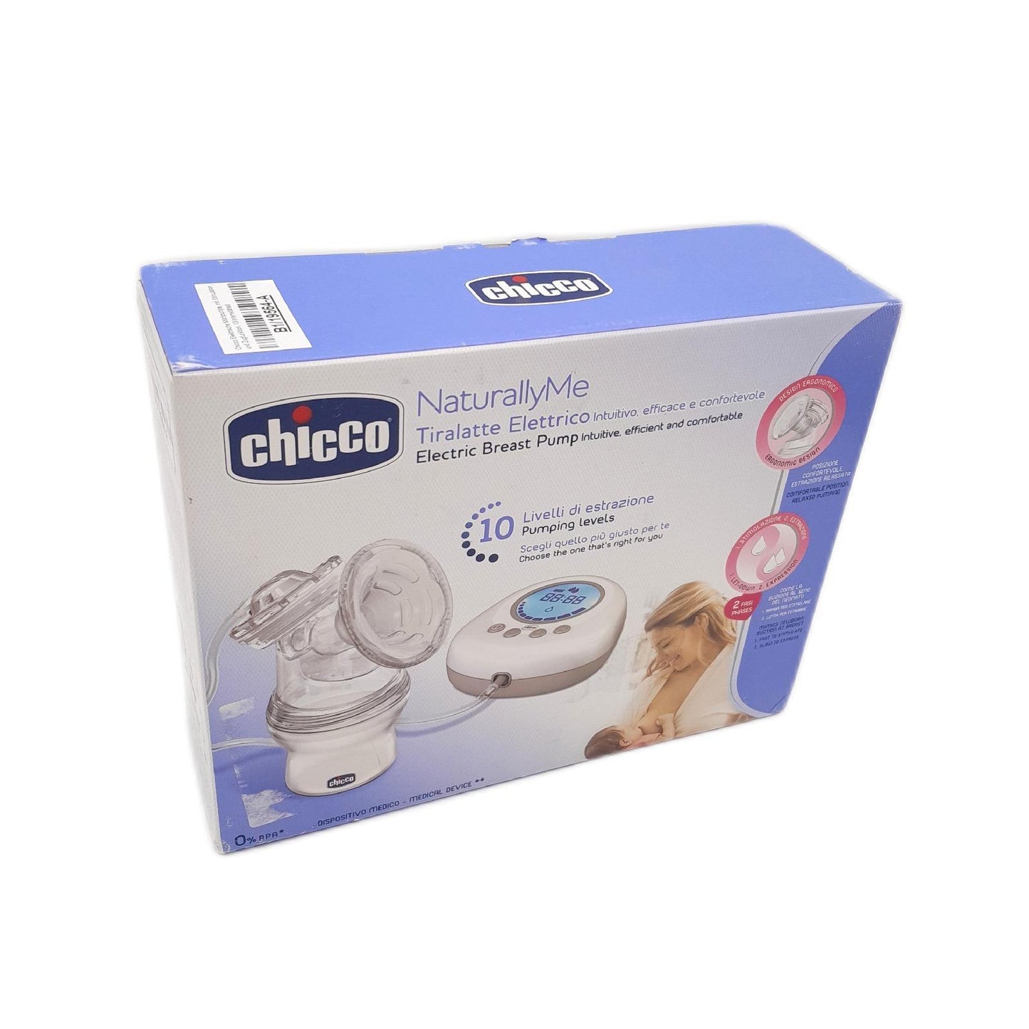Chicco Naturally Me Elektrische Milchpumpe mit Stimulations- und Zugmodi, 10 Intensitätsstufen, ergonomische Form, mit geneigtem Sauger und luftdichtem Deckel, 150 ml
