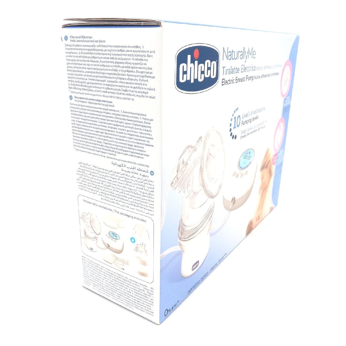 Chicco Naturally Me Elektrische Milchpumpe mit Stimulations- und Zugmodi, 10 Intensitätsstufen, ergonomische Form, mit geneigtem Sauger und luftdichtem Deckel, 150 ml