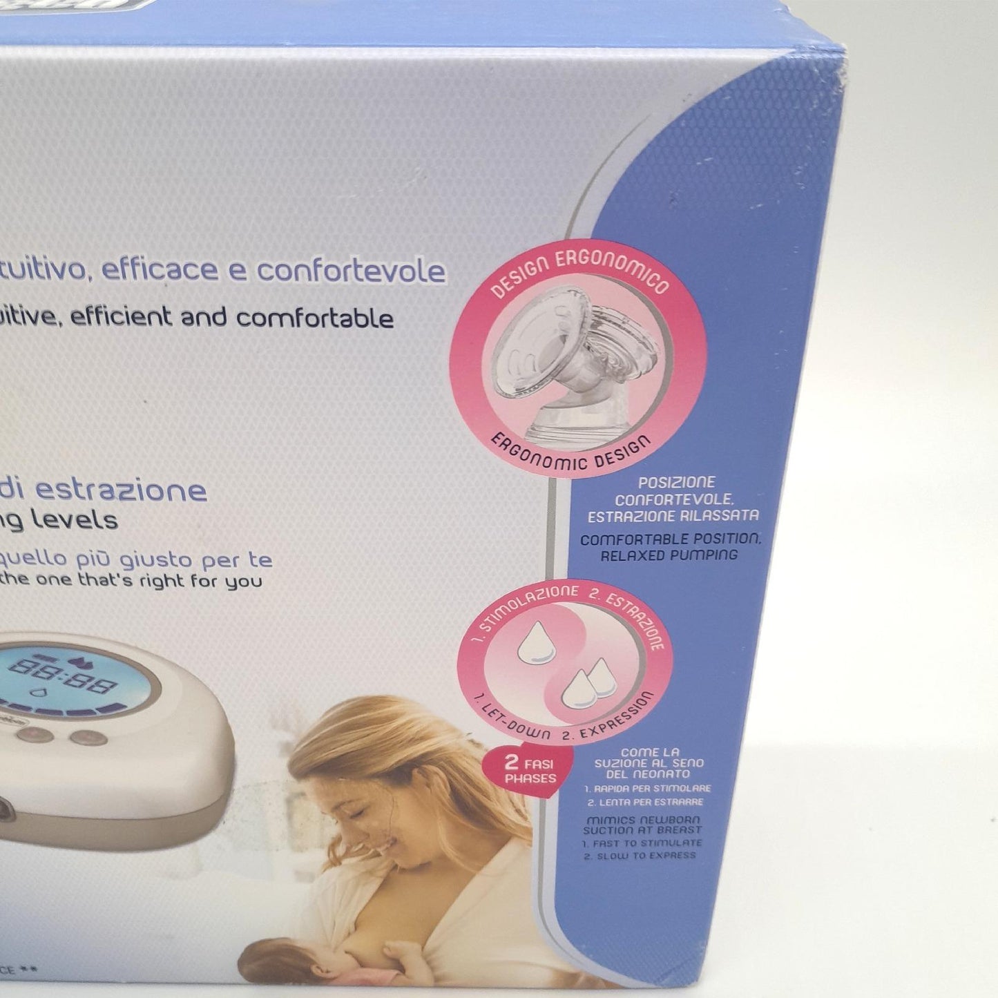 Chicco Naturally Me Elektrische Milchpumpe mit Stimulations- und Zugmodi, 10 Intensitätsstufen, ergonomische Form, mit geneigtem Sauger und luftdichtem Deckel, 150 ml
