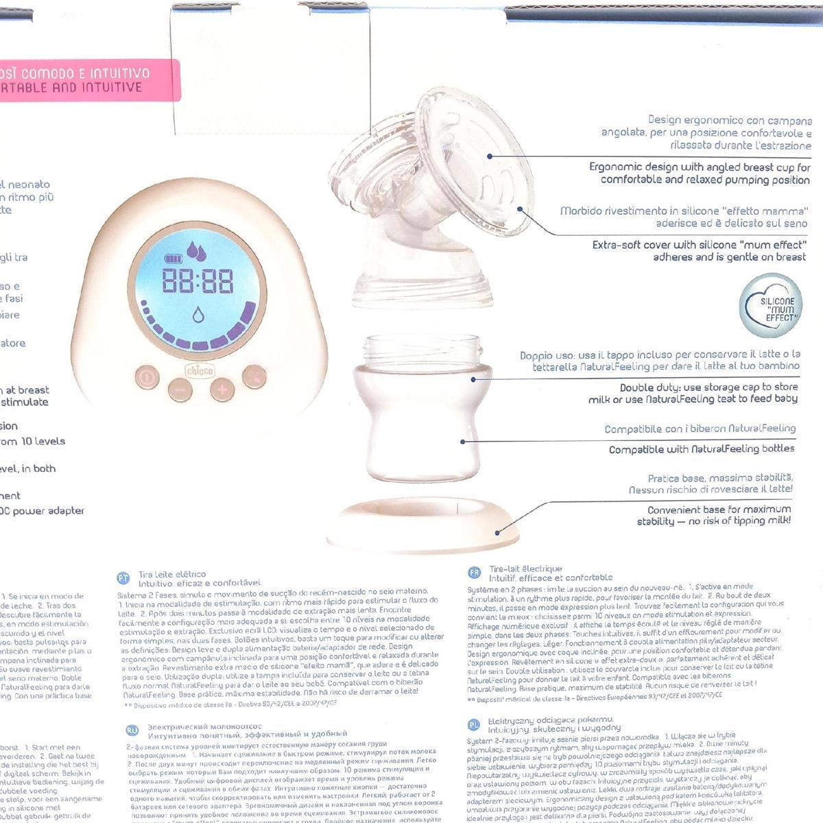 Chicco Naturally Me Elektrische Milchpumpe mit Stimulations- und Zugmodi, 10 Intensitätsstufen, ergonomische Form, mit geneigtem Sauger und luftdichtem Deckel, 150 ml