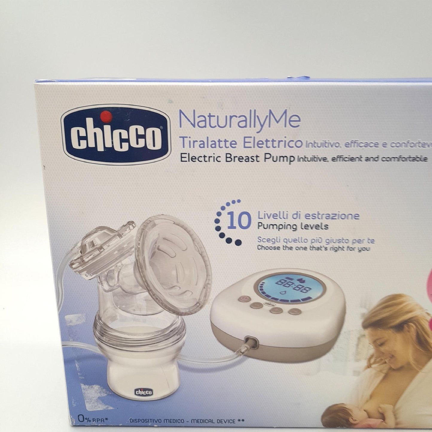 Chicco Naturally Me Elektrische Milchpumpe mit Stimulations- und Zugmodi, 10 Intensitätsstufen, ergonomische Form, mit geneigtem Sauger und luftdichtem Deckel, 150 ml