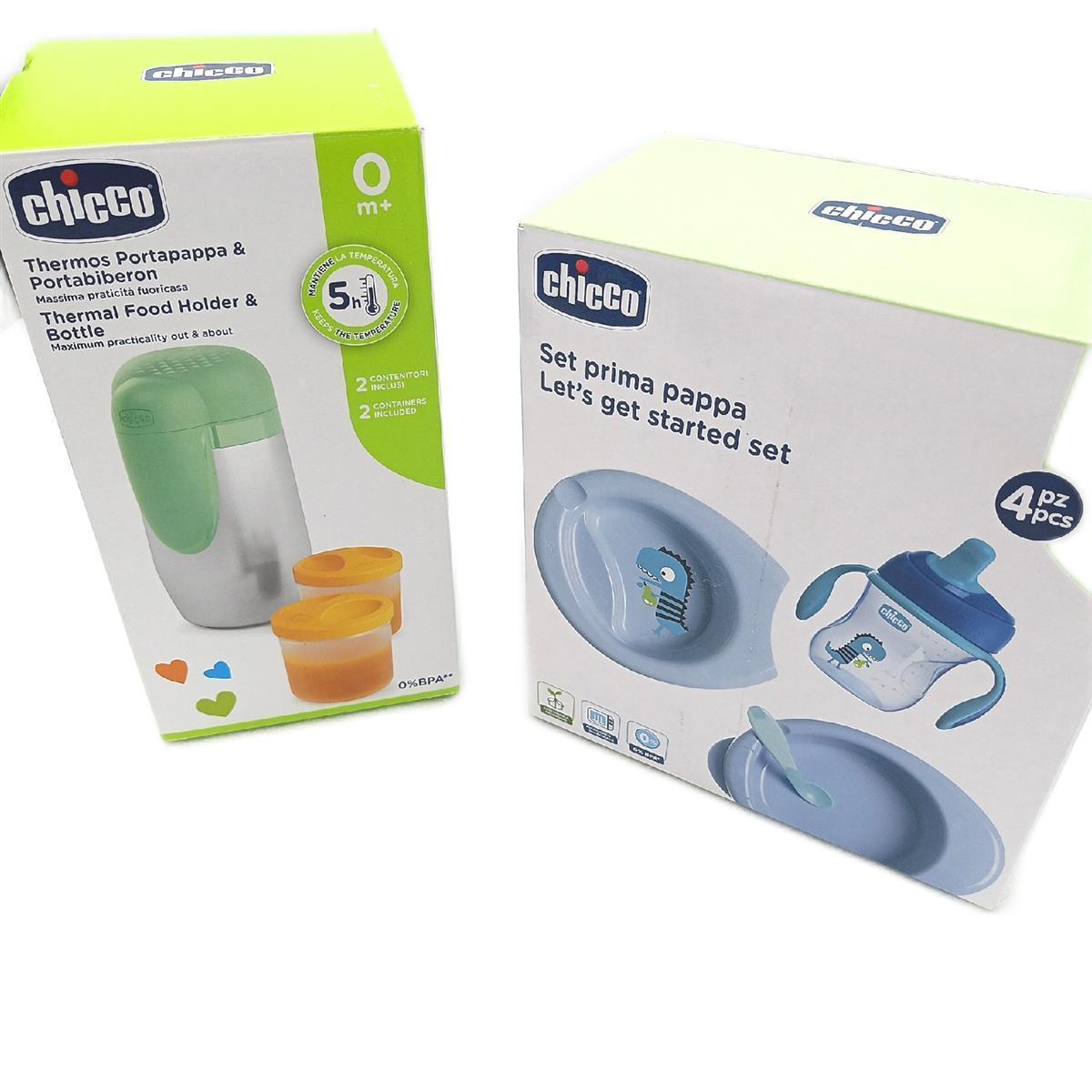 Chicco Baby Geschirr Set, Baby Geschirrset für Essen und Babynahrung, bestehend aus Tasse Training Cup, Erster Löffel, Teller, Babynahrung Teller und thermischer Speisenhalter, 6 M +, Blau