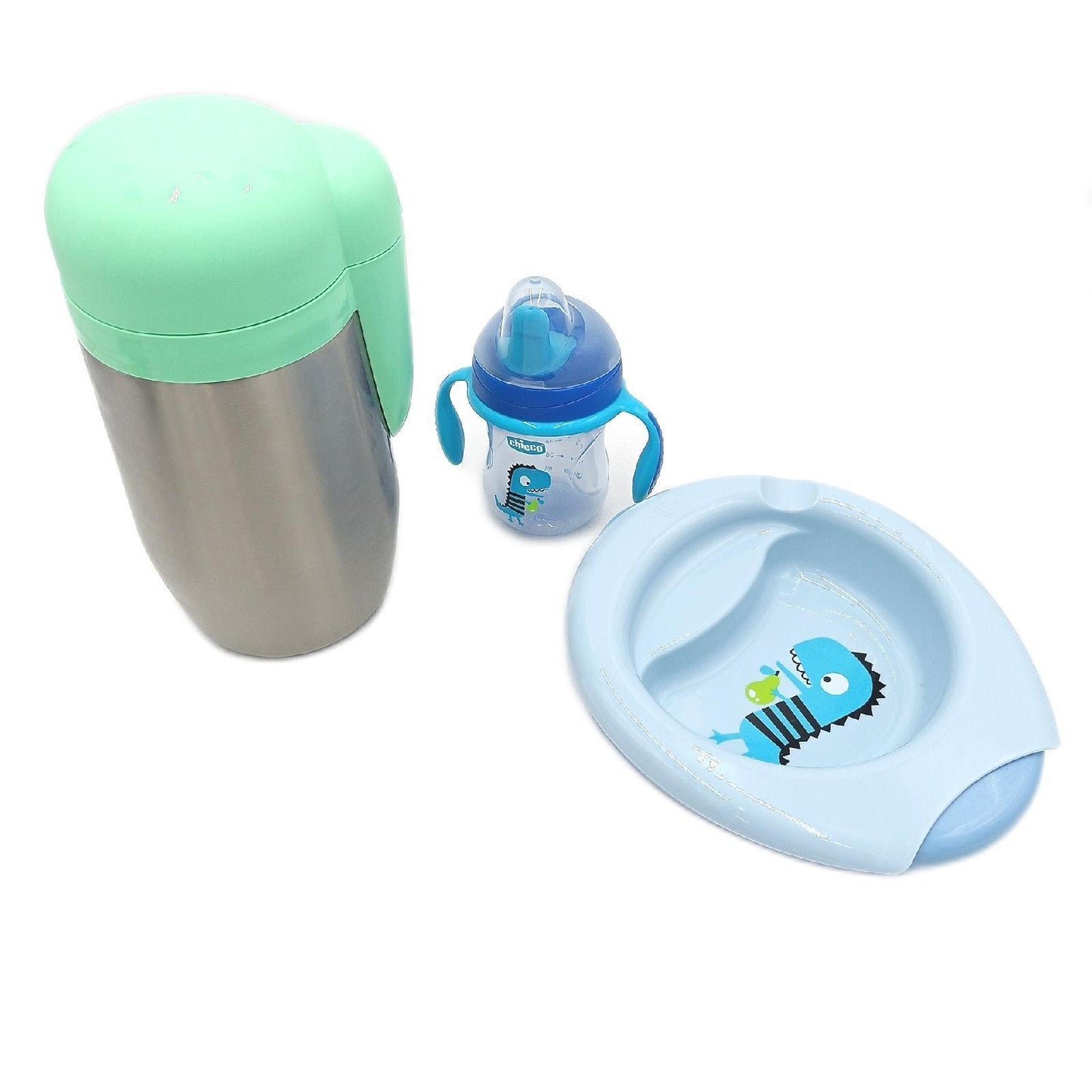 Chicco Baby Geschirr Set, Baby Geschirrset für Essen und Babynahrung, bestehend aus Tasse Training Cup, Erster Löffel, Teller, Babynahrung Teller und thermischer Speisenhalter, 6 M +, Blau