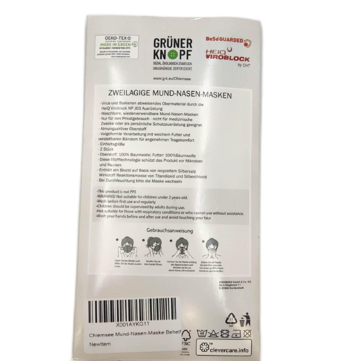 Chiemsee Mund Nasen Maske Gesichtsmaske Erwachsene 100 Pack Schutz Komfort Atemschutz