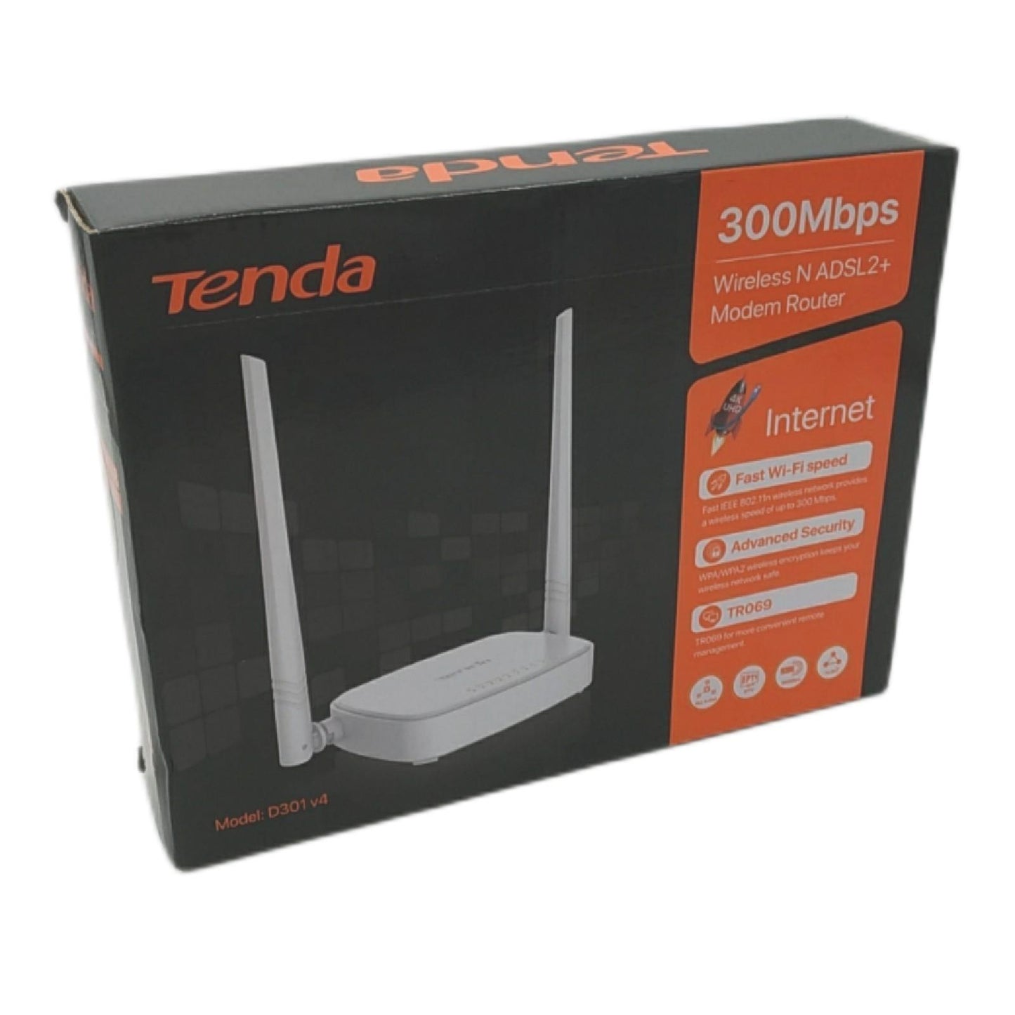 Tenda D301 N300 WLAN Router, Modem Router, 2.4GHz Single-Band, 2 * 5dBi Antennen, 4x10/100Mbps-LAN/WAN-Port, WPS, IPTV, WPA2, unterstützt ADSL2/2+ Standard, breitere Abdeckung, Weiß