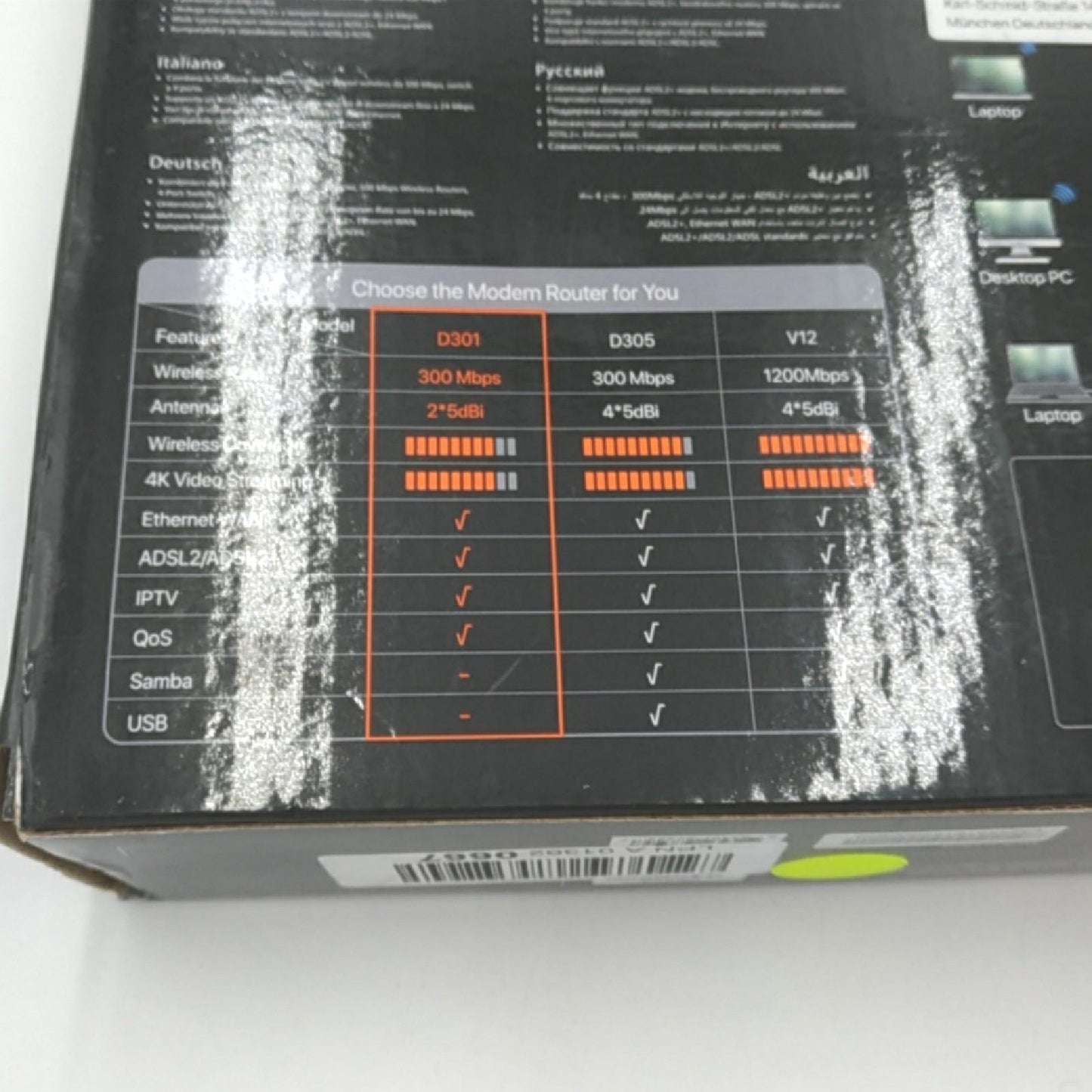 Tenda D301 N300 WLAN Router, Modem Router, 2.4GHz Single-Band, 2 * 5dBi Antennen, 4x10/100Mbps-LAN/WAN-Port, WPS, IPTV, WPA2, unterstützt ADSL2/2+ Standard, breitere Abdeckung, Weiß