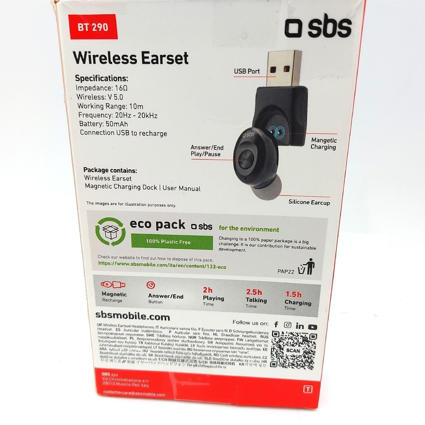 SBS Kabelloser Mono-Headset für Musik und Anrufe, integriertes Mikrofon, bis zu 2,5 Stunden Hörzeit, magnetische Ladestation mit USB-Anschluss