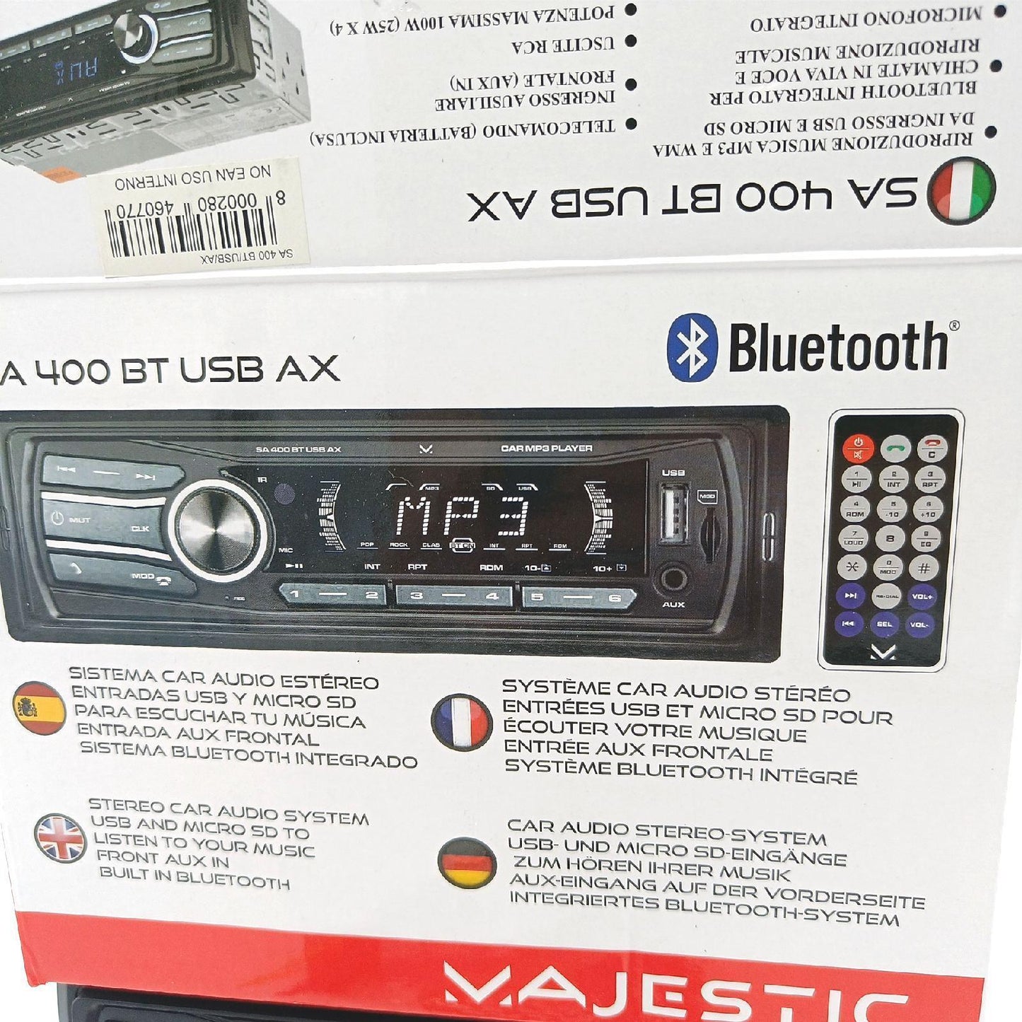 Majestic SA 400 BT USB AX Audio Car System mit Bluetooth, MP3/WMA USB/Micro SD, Fernbedienung, 100W (25W x 4ch), Schwarz