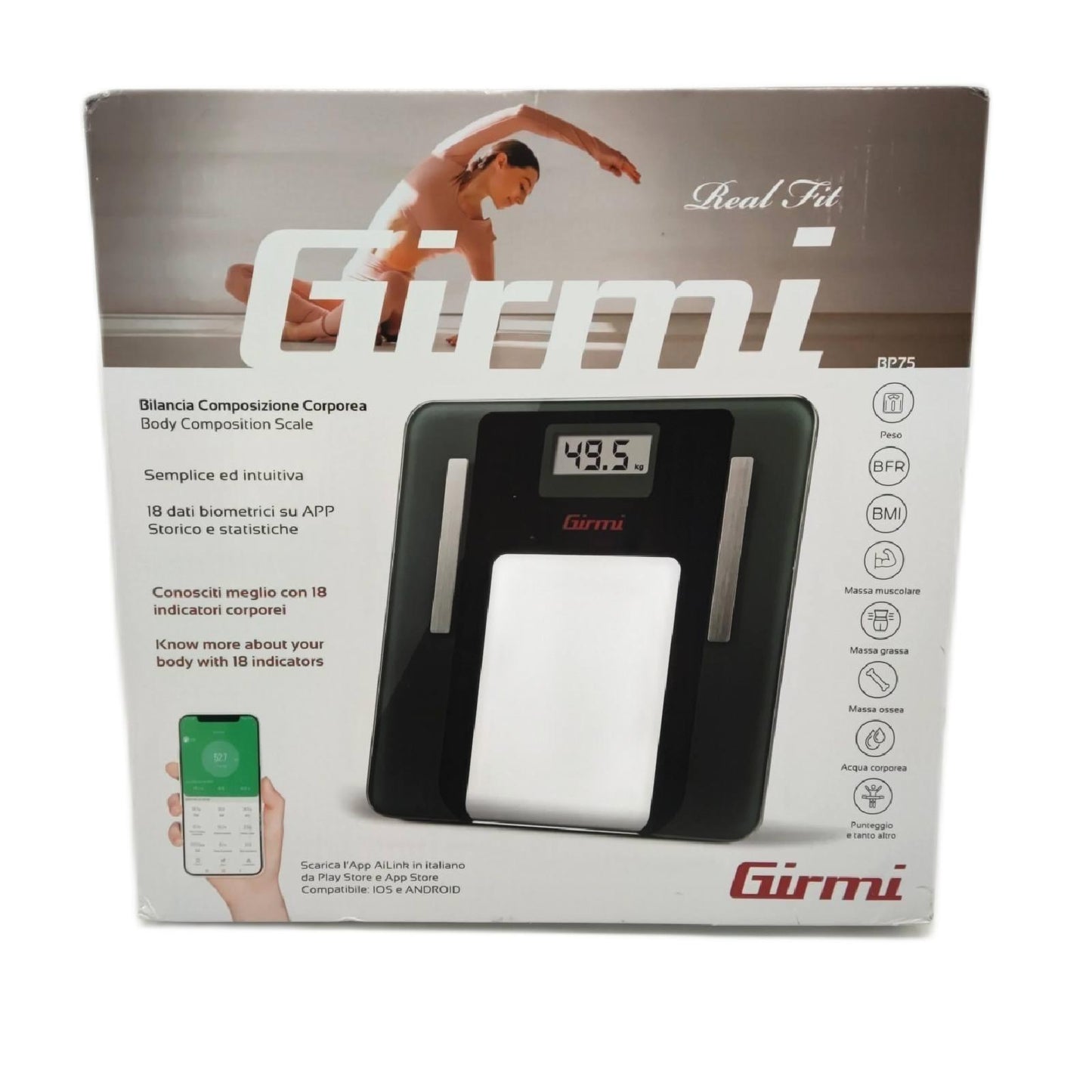 GIRMI BP75 Körperwaage "Real Fit", 100g/180kg, mit App, gehärtetes Glas