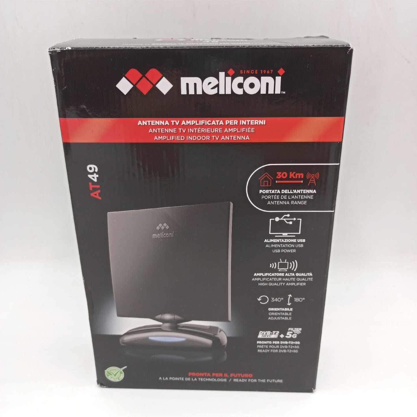 Meliconi | AT-49 USB TV-Antenne mit Einstellbarer Verstärkung • Fertig für DVB-T2 und 5G • Schwenkbares Aufnahmekabel • Stromversorgung über mitgeliefertes USB-Kabel • Reichweite 30 km