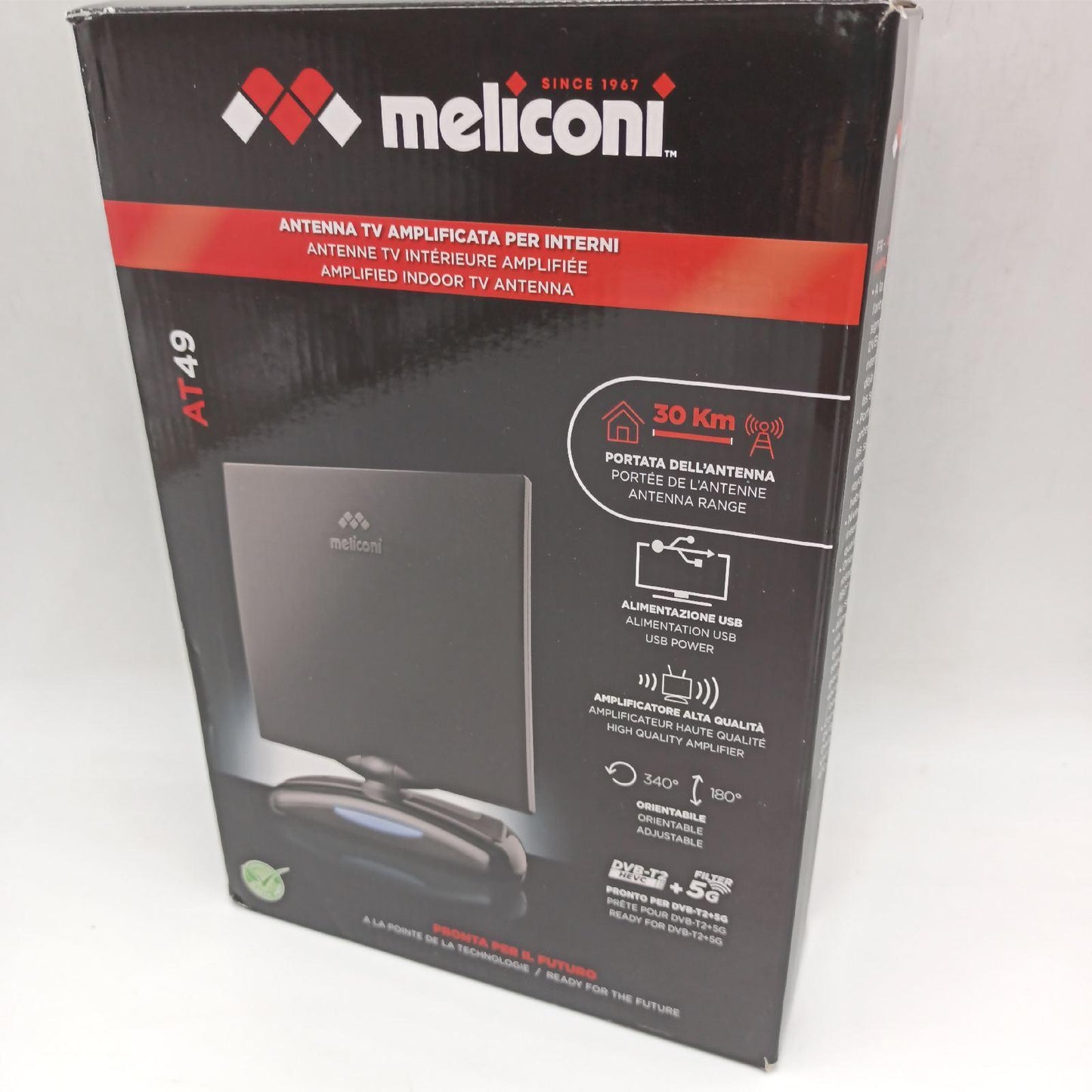 Meliconi | AT-49 USB TV-Antenne mit Einstellbarer Verstärkung • Fertig für DVB-T2 und 5G • Schwenkbares Aufnahmekabel • Stromversorgung über mitgeliefertes USB-Kabel • Reichweite 30 km