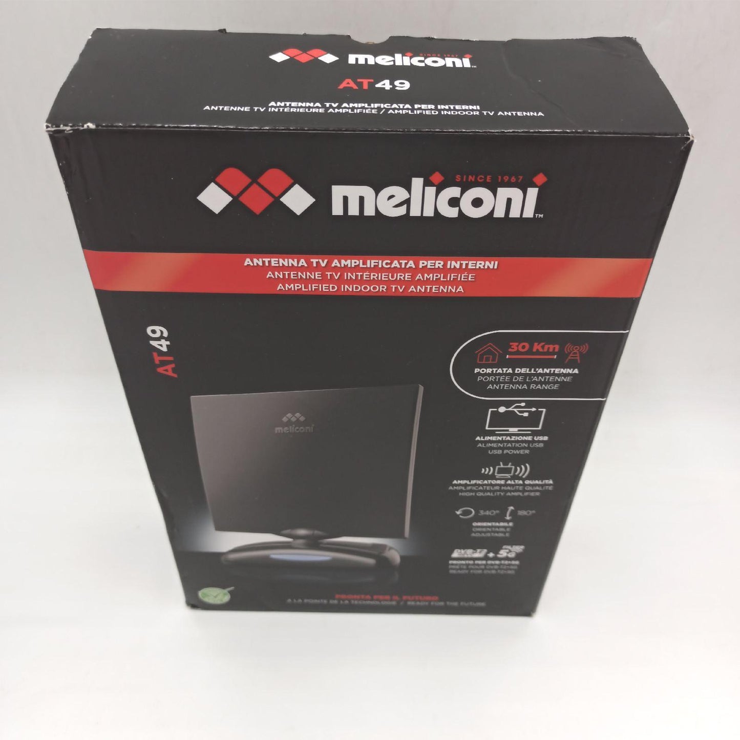 Meliconi | AT-49 USB TV-Antenne mit Einstellbarer Verstärkung • Fertig für DVB-T2 und 5G • Schwenkbares Aufnahmekabel • Stromversorgung über mitgeliefertes USB-Kabel • Reichweite 30 km
