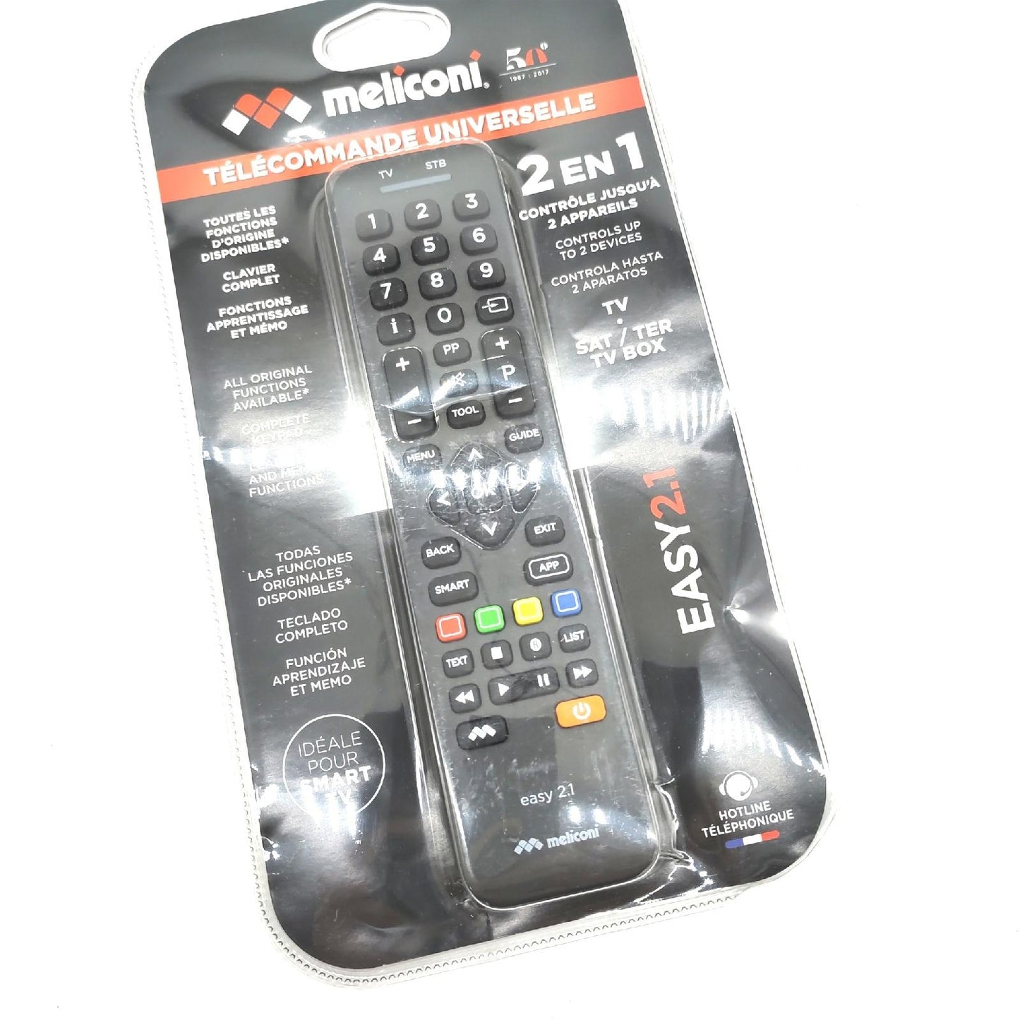 Meliconi Easy 2.1 Universal 2-in-1 Fernbedienung, ersetzt und kombiniert die Fernbedienungen von 1 TV und 1 Decoder, volles Tastenfeld, spezielle Tasten für Smart TV.