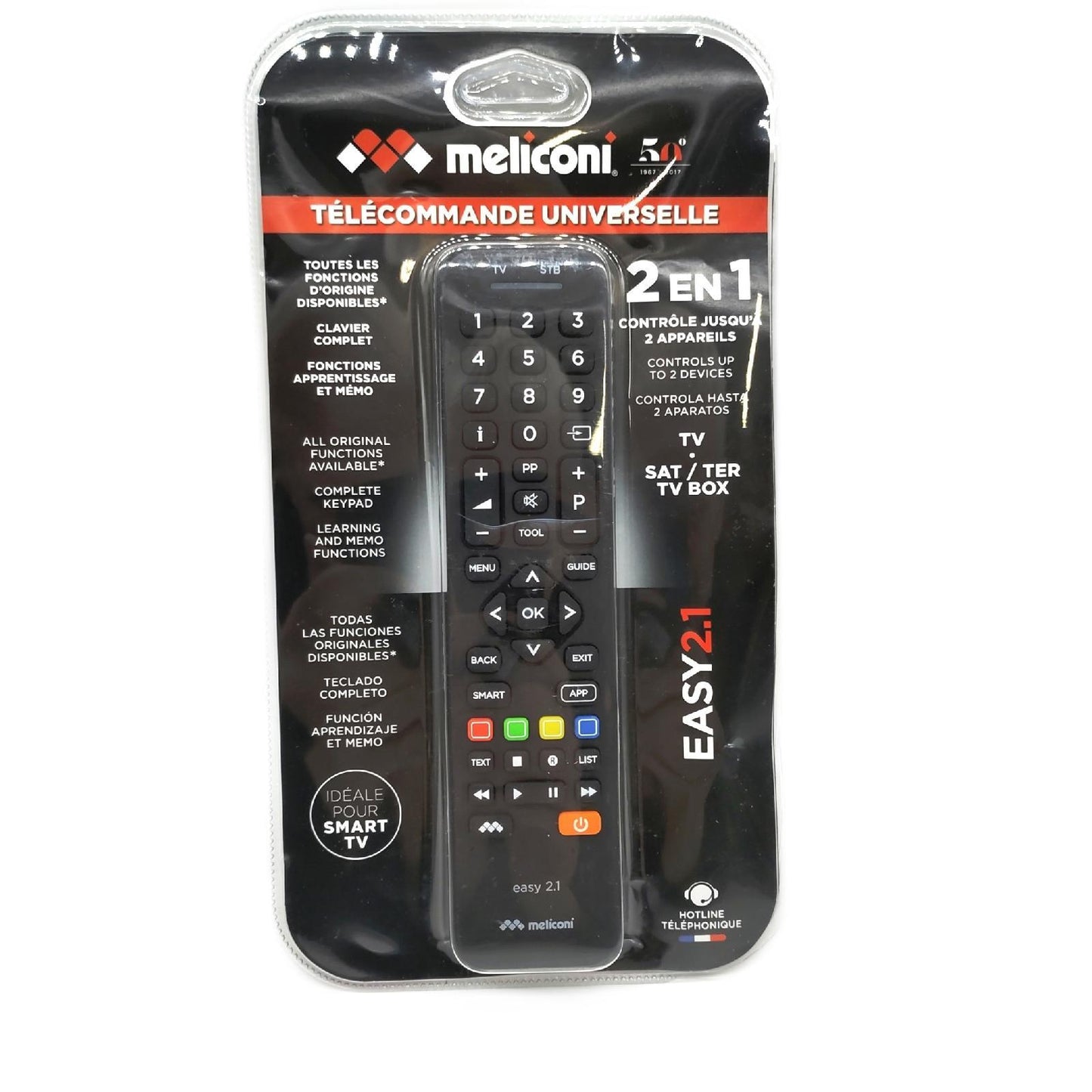 Meliconi Easy 2.1 Universal 2-in-1 Fernbedienung, ersetzt und kombiniert die Fernbedienungen von 1 TV und 1 Decoder, volles Tastenfeld, spezielle Tasten für Smart TV.