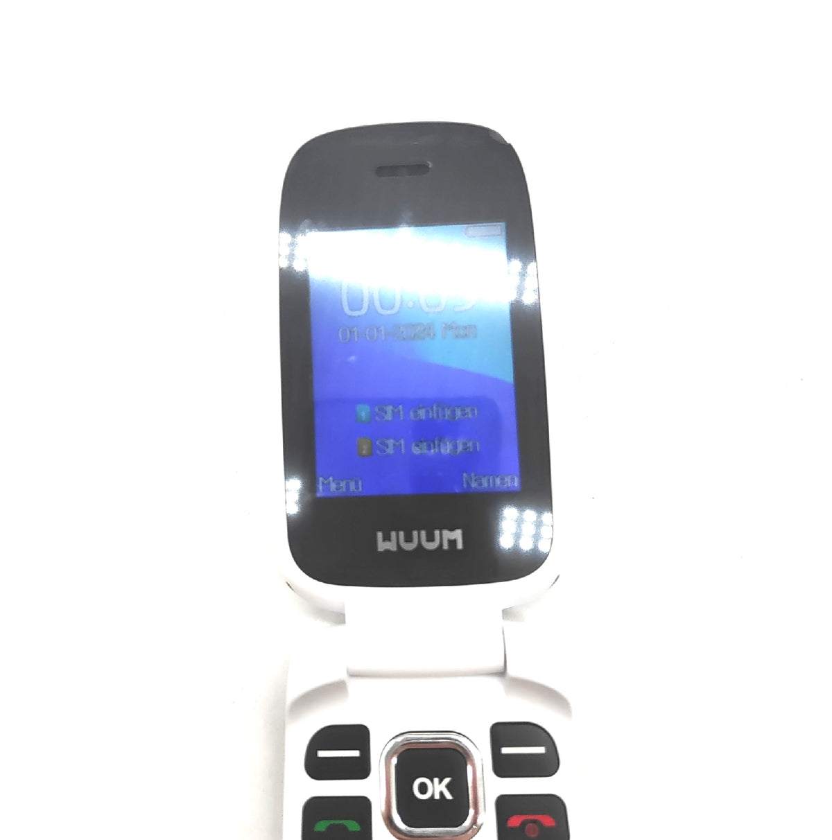 WUUM Clap Klapphandy mit zwei Displays grosse Tasten Ziffern 2 Direktspeicher SOS Bluetooth USB C Akku schwarz