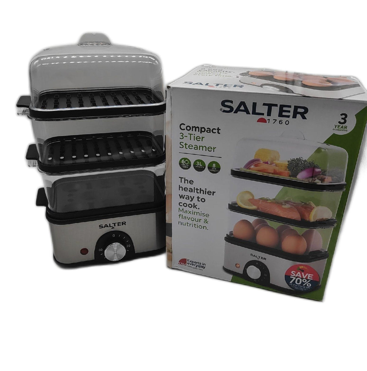 Salter 3 Stufiger Dampfgarer Elektrisch 3 Liter 3 Dampfkörbe 60 Minuten Timer 500W