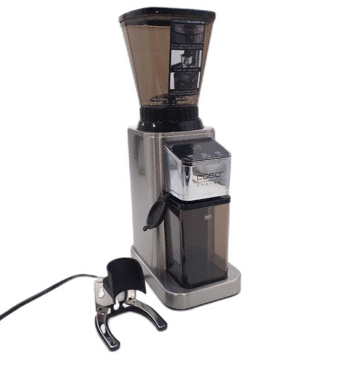 Caso BaristaChef Inox elektrische Kaffeemuehle sehr gut Halterung Siebtraeger abgebrochen